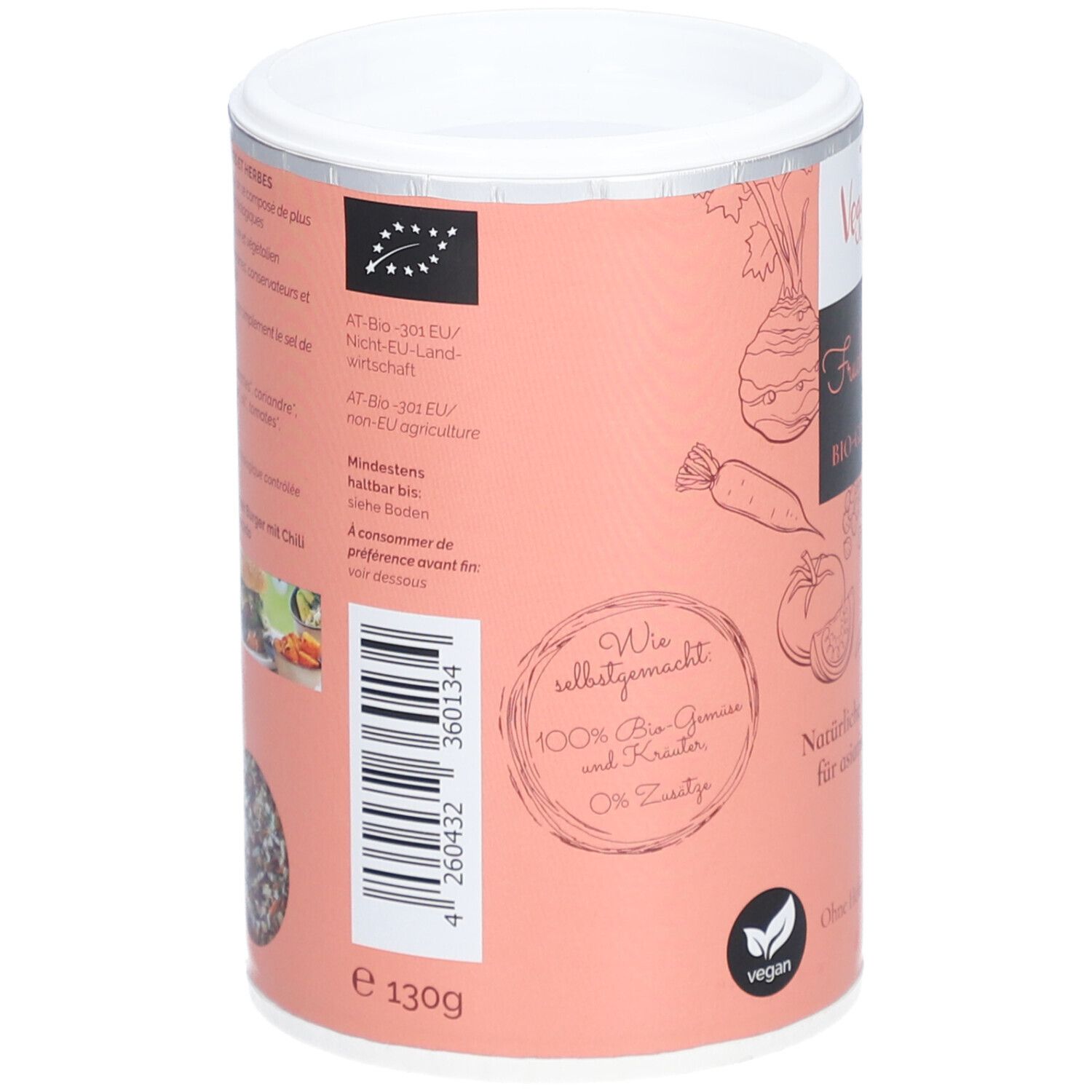 Zylindrische Dose, Rückseite. Text: AT-Bio-301 EU/Nicht-EU-Landwirtschaft. Mindestens haltbar bis. Vegan-Siegel. Barcode und Gewicht 130g.