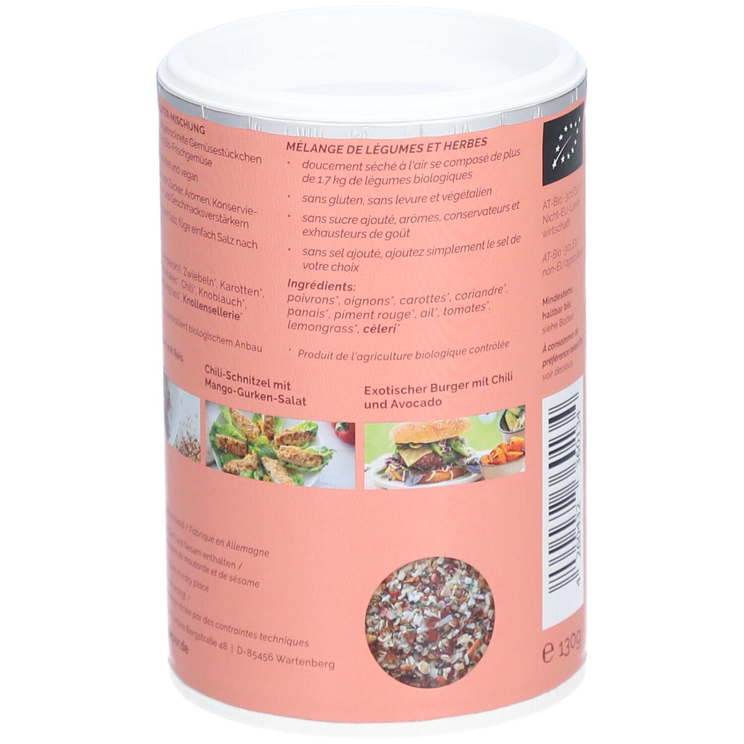 Zylindrische Dose, Rückseite. Text: Mélange de légumes et herbes. Zutatenliste. Abbildungen von Gerichten. Bio-Siegel. Gewicht 130g.