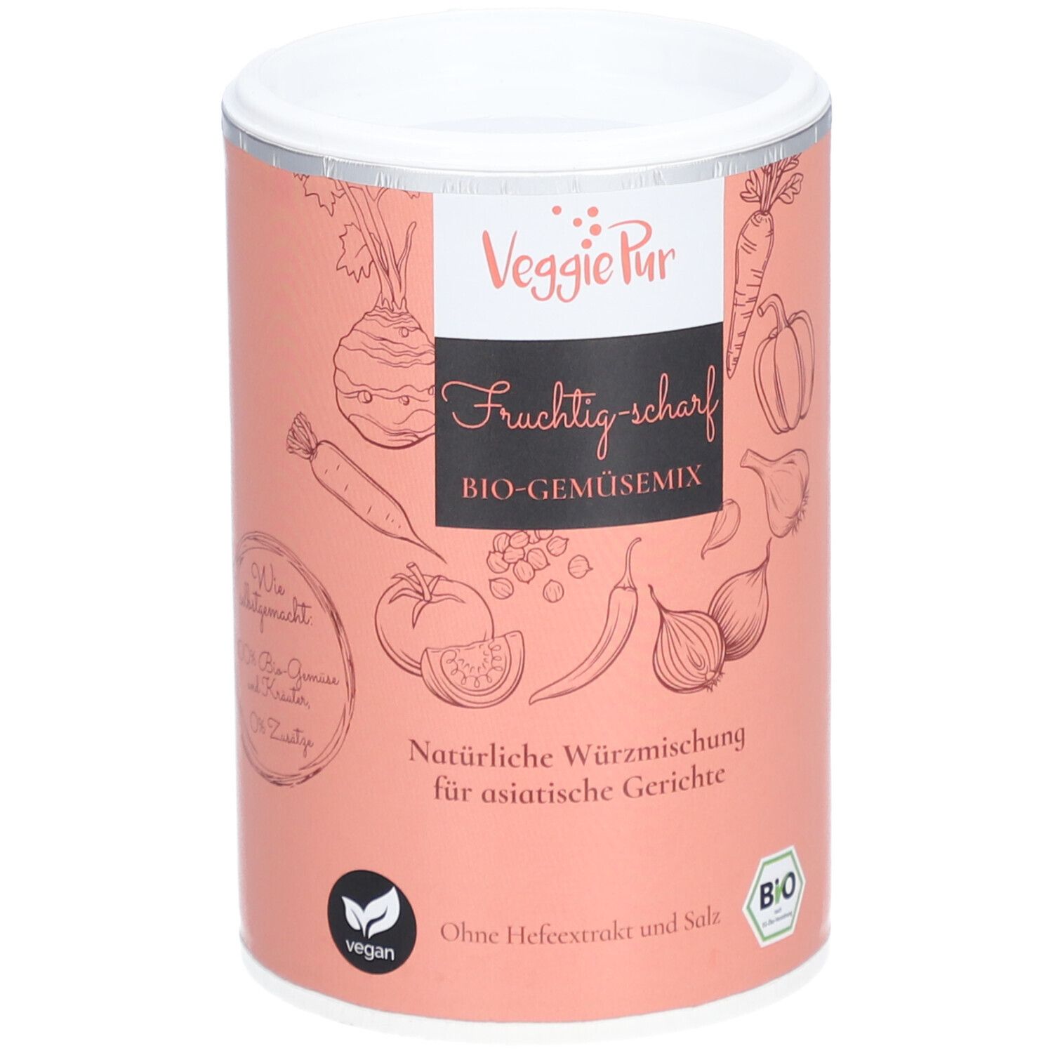 Zylindrische Dose mit Deckel. Aufschrift: Veggie Pur, Fruchtig-scharf, Bio-Gemüsemix. Illustrationen von Gemüse. Vegan-Siegel und Bio-Siegel.