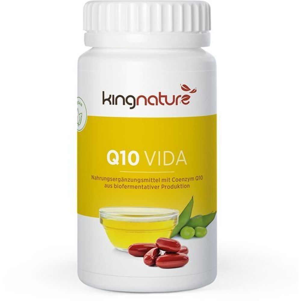 Flacon blanc avec capsules rouges et étiquette jaune. Inscription: Q10 VIDA, kingnature. Illustration d'huile et d'olives.