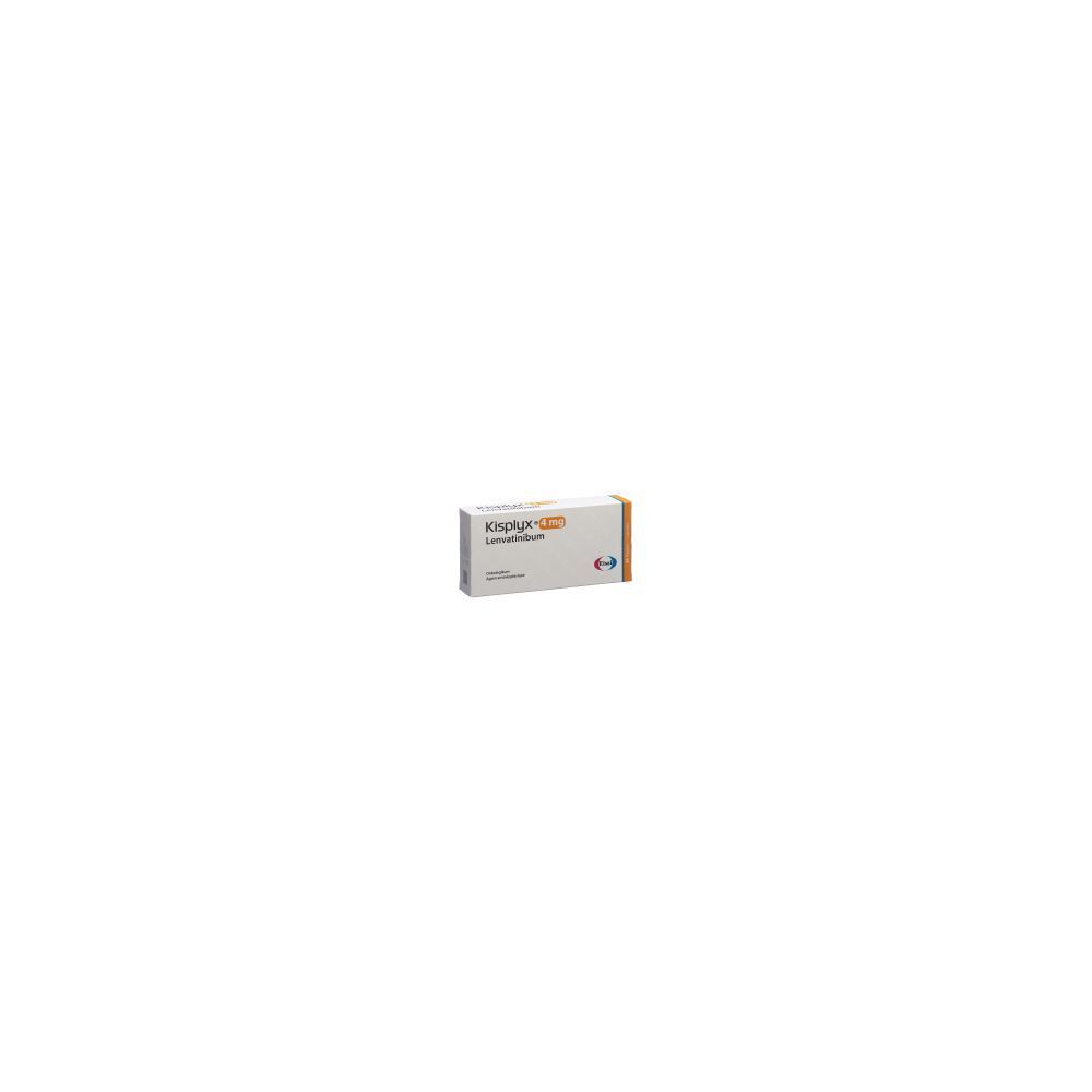 KISPLYX Kaps 4 mg Packung. Weiße Schachtel mit Produktnamen und Dosierung. Orangefarbener Akzent.