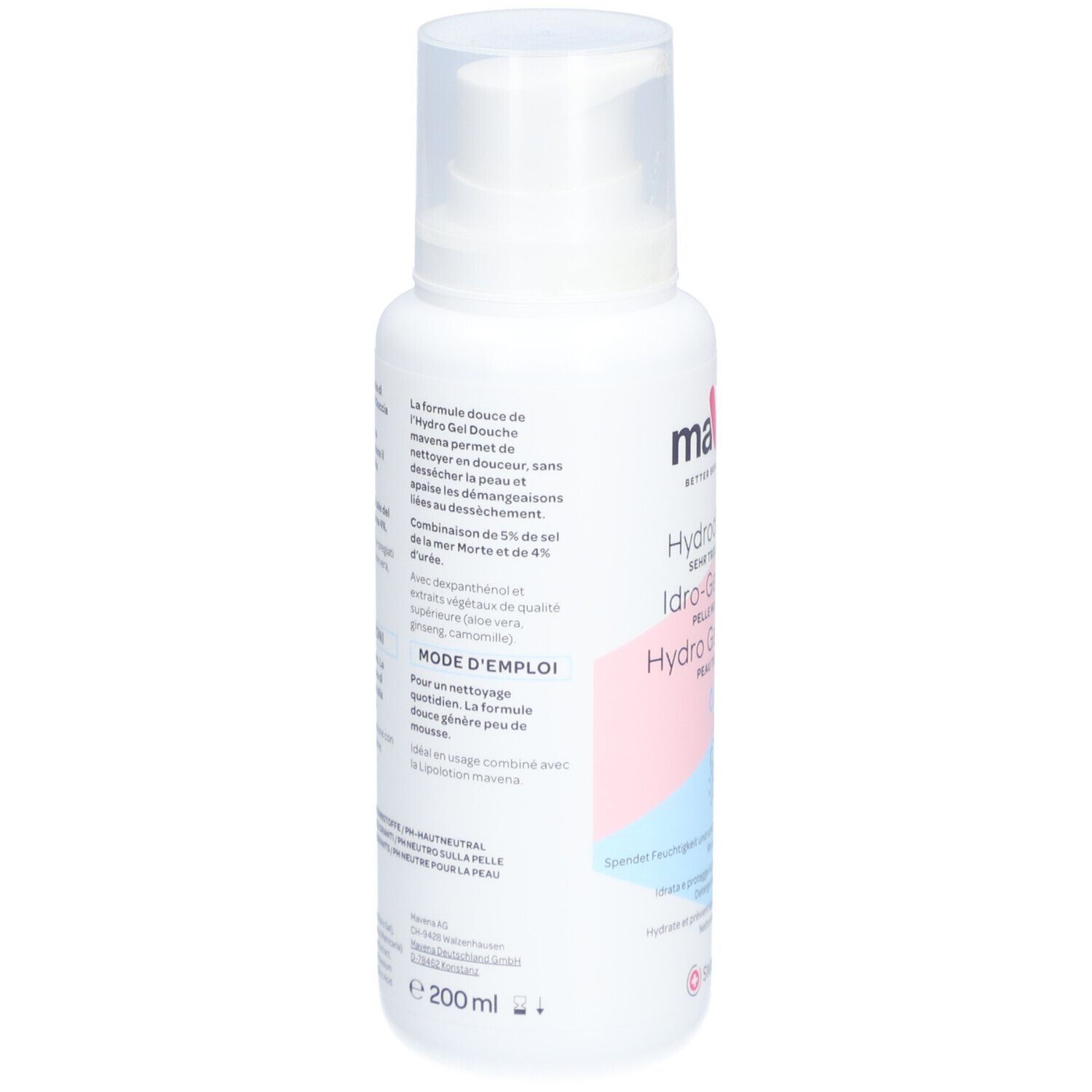 Rückseite der weißen Flasche. Text in mehreren Sprachen. Enthält Informationen zur Anwendung und Inhaltsstoffe. Volumen: 200 ml.