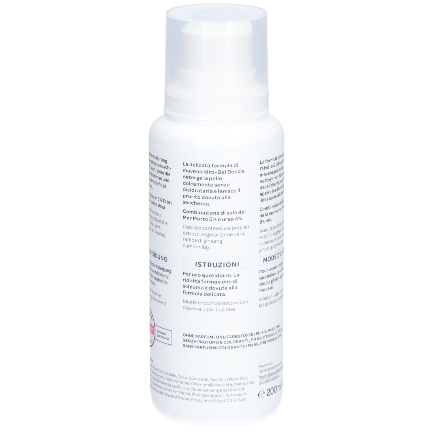 Rückseite der weißen Flasche. Text in mehreren Sprachen. Enthält Informationen zur Anwendung und Inhaltsstoffe. Volumen: 200 ml.