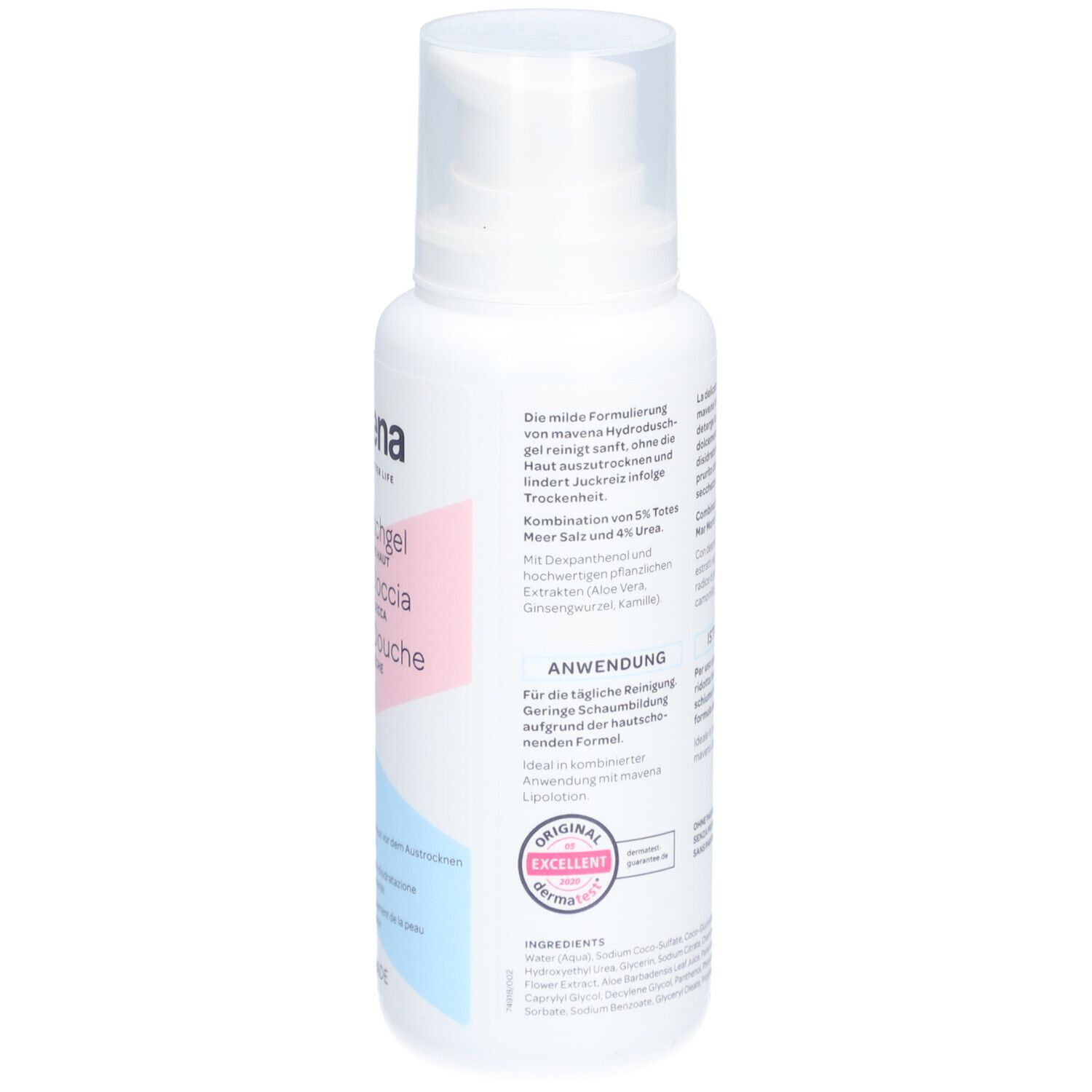 Rückseite der weißen Flasche. Text in mehreren Sprachen. Enthält Informationen zur Anwendung und Inhaltsstoffe. Volumen: 200 ml. Qualitätssiegel.