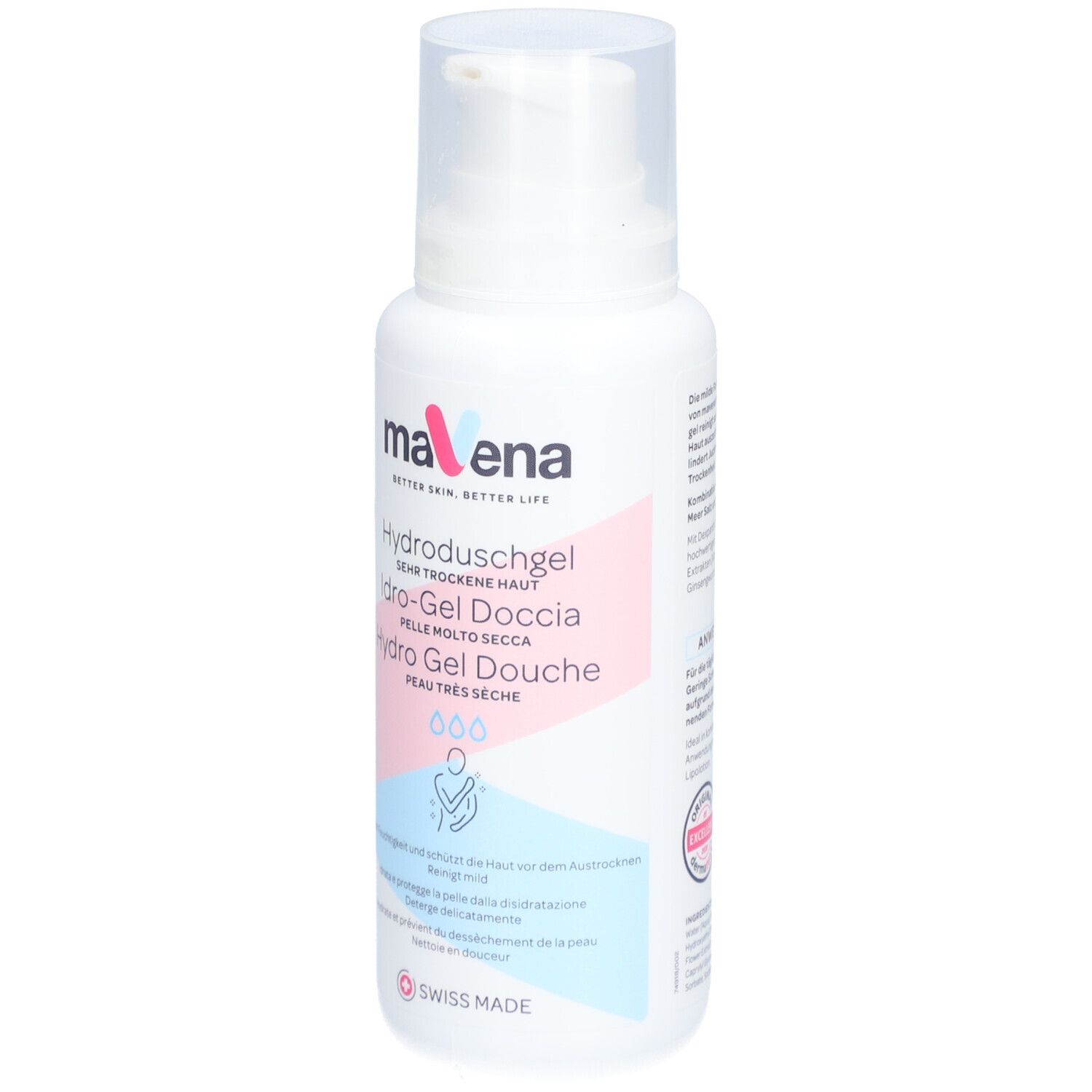 Weiße Flasche mit Pumpverschluss. Aufschrift: Mavena Hydroduschgel, sehr trockene Haut. Logo und Produktbezeichnungen in mehreren Sprachen.