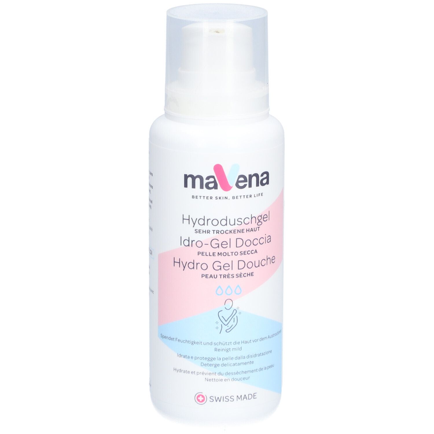 Weiße Flasche mit Pumpverschluss. Aufschrift: Mavena Hydroduschgel, sehr trockene Haut. Logo und Produktbezeichnungen in mehreren Sprachen.