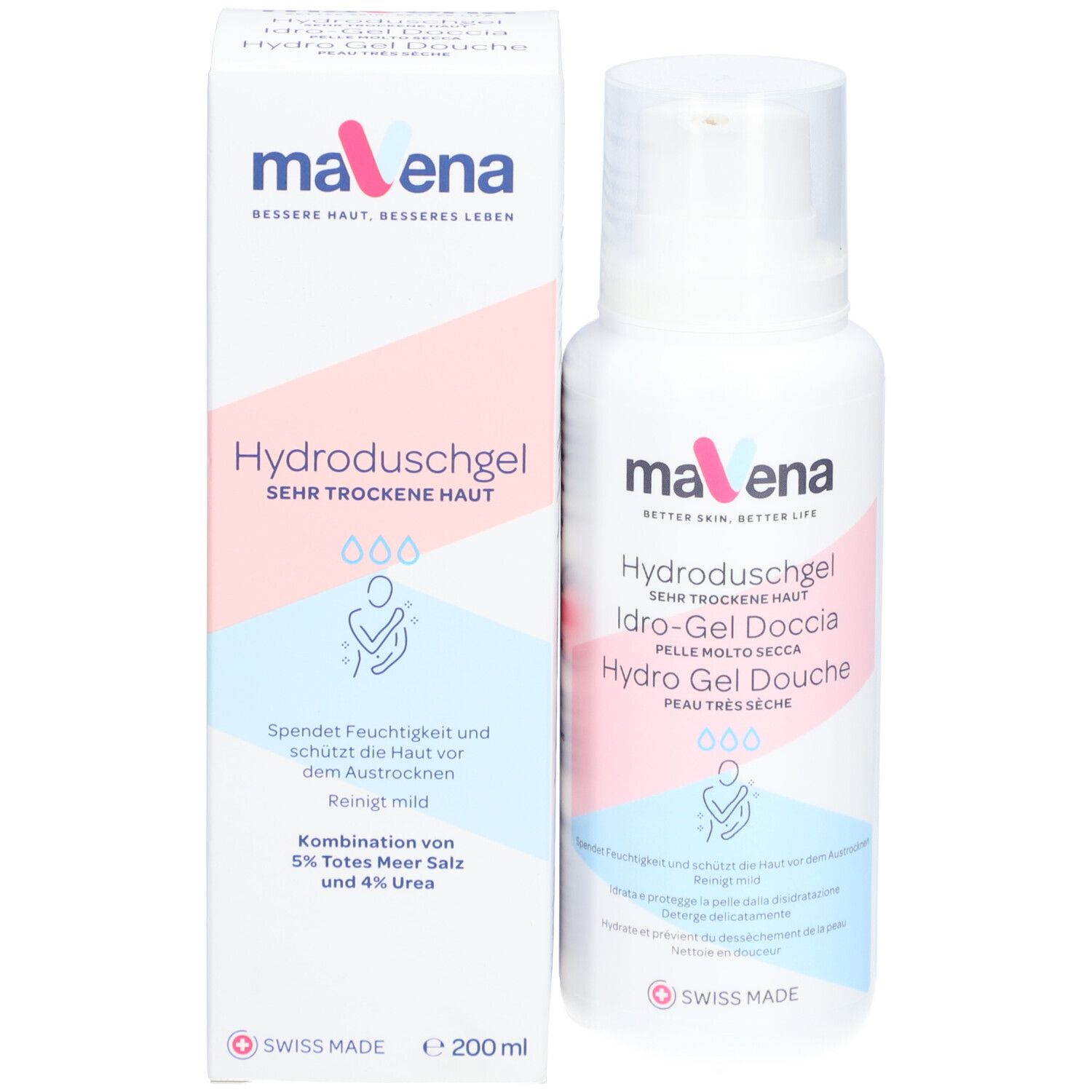 Produktverpackung und Flasche. Aufschrift: Mavena Hydroduschgel, sehr trockene Haut. Enthält 5% Totes Meer Salz und 4% Urea. Volumen: 200 ml.