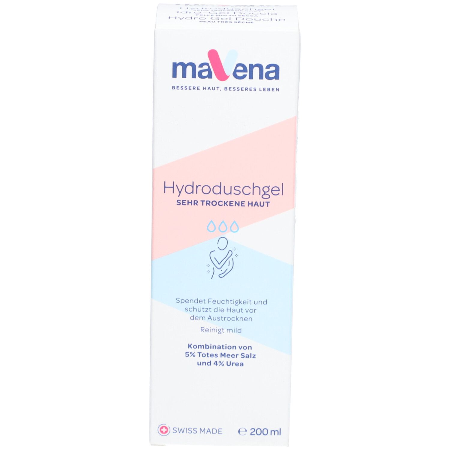 Produktverpackung. Aufschrift: Mavena Hydroduschgel, sehr trockene Haut. Enthält 5% Totes Meer Salz und 4% Urea. Volumen: 200 ml.