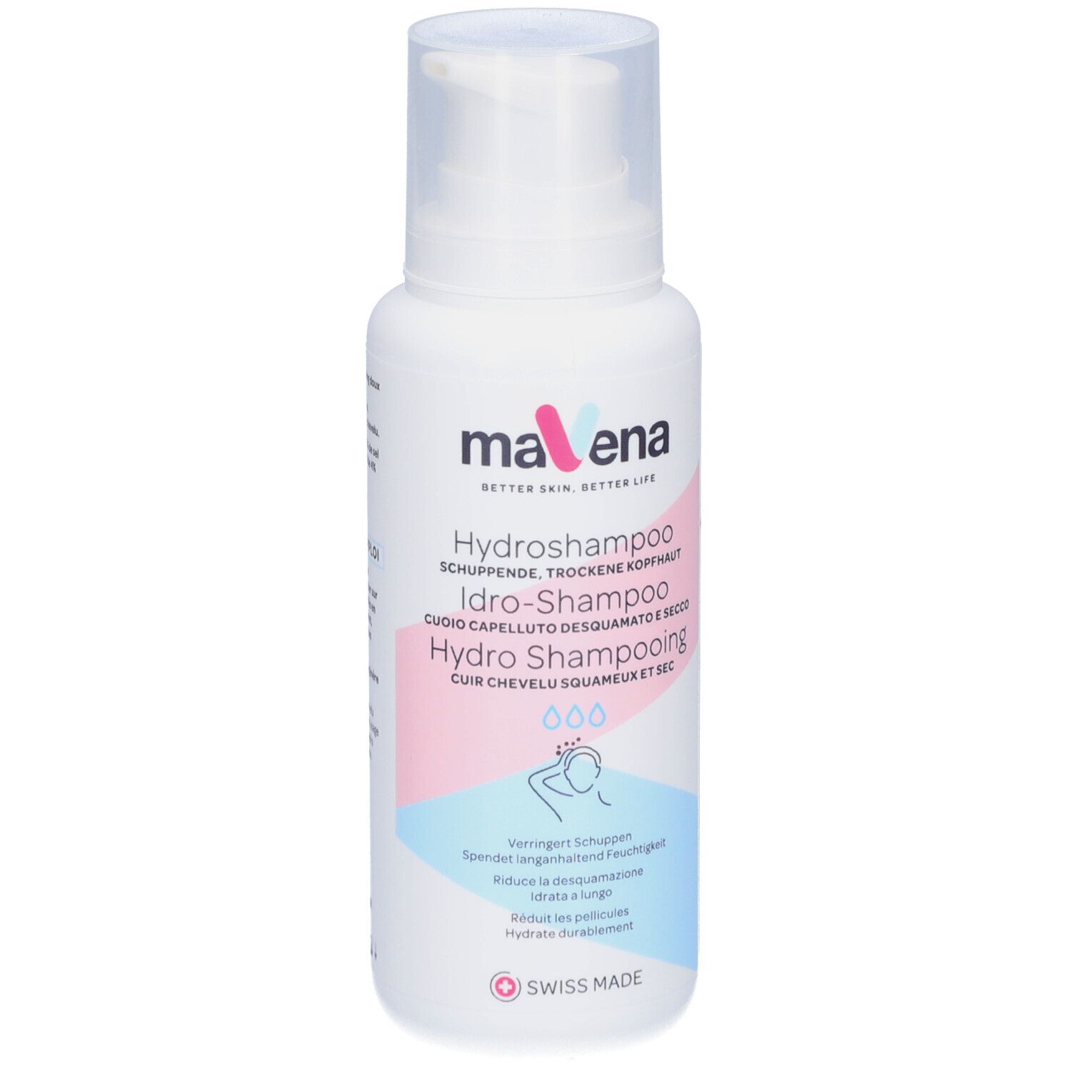 Weiße Flasche mit Pumpverschluss. Text: Mavena Hydroshampoo. Für schuppende, trockene Kopfhaut. Swiss Made.