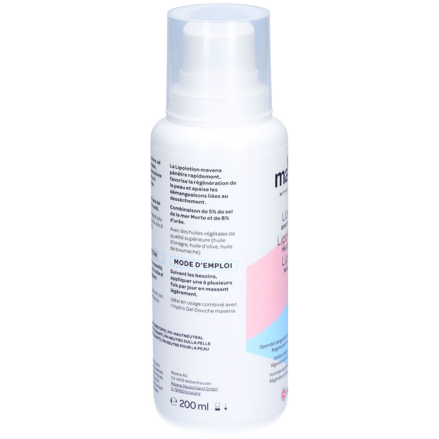 Rückseite der weißen maVena Lipolotion Flasche. Text in mehreren Sprachen. Mit Inhaltsstoffen und Gebrauchsanweisung.