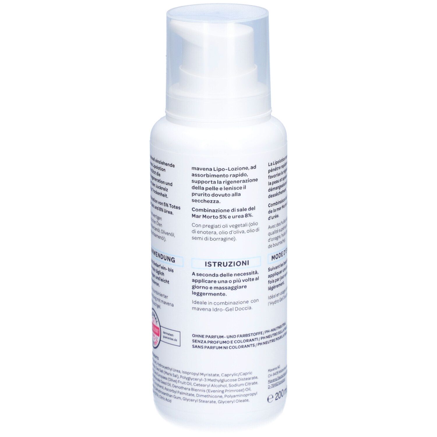 Rückseite der weißen maVena Lipolotion Flasche. Text in mehreren Sprachen. Mit Inhaltsstoffen und Gebrauchsanweisung.