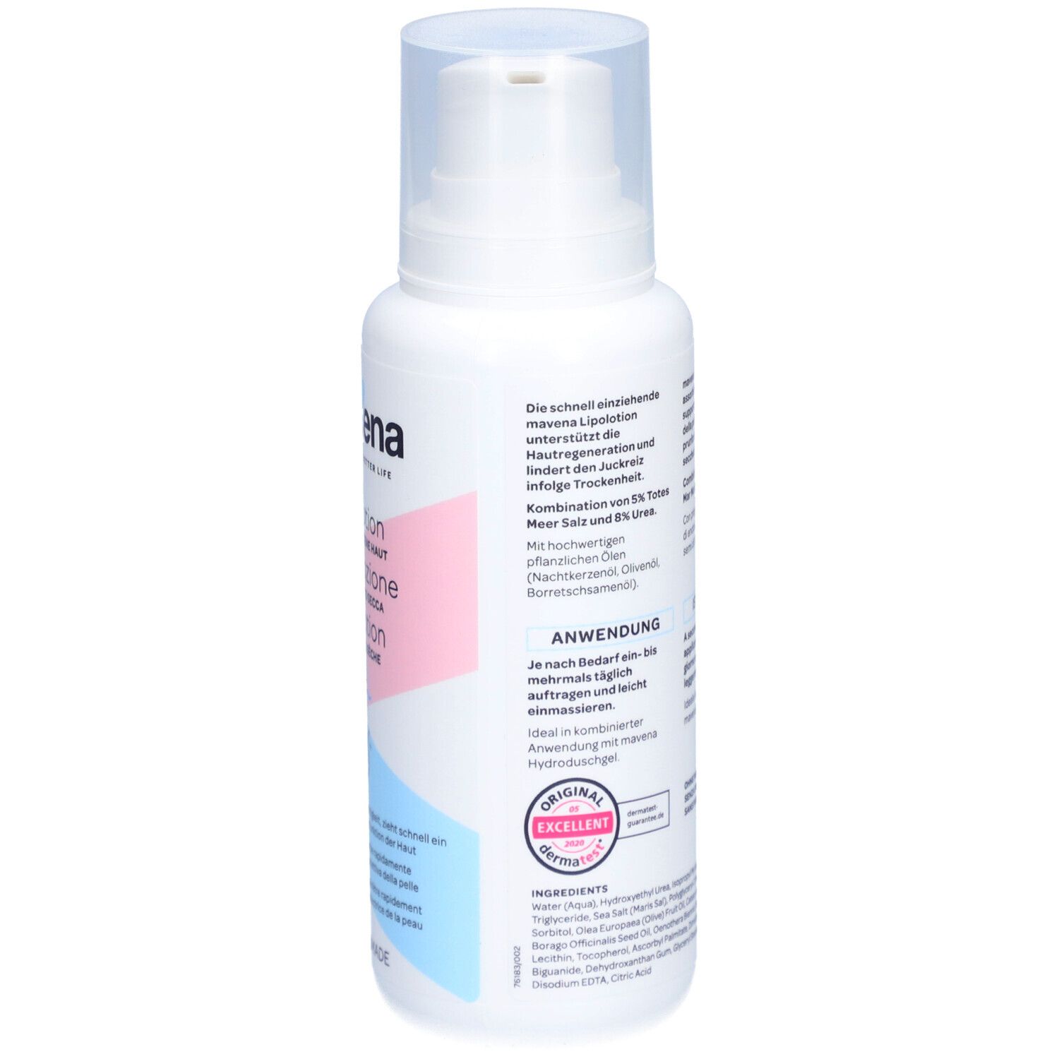 Rückseite der weißen maVena Lipolotion Flasche. Text in mehreren Sprachen. Mit Inhaltsstoffen und Gebrauchsanweisung.