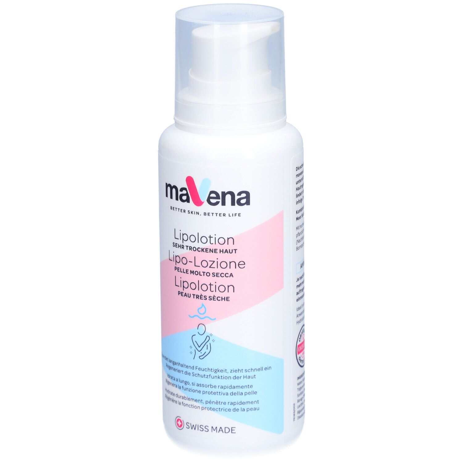 Weiße Flasche mit maVena Lipolotion. Produktname und Text in Deutsch, Italienisch und Französisch. Mit Pumpkopf.