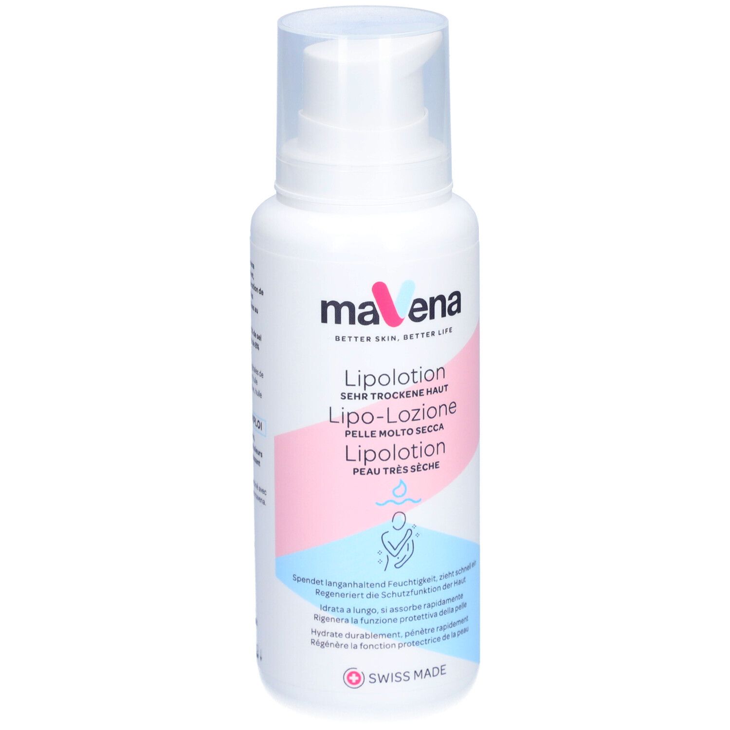 Weiße Flasche mit maVena Lipolotion. Produktname und Text in Deutsch, Italienisch und Französisch. Mit Pumpkopf.