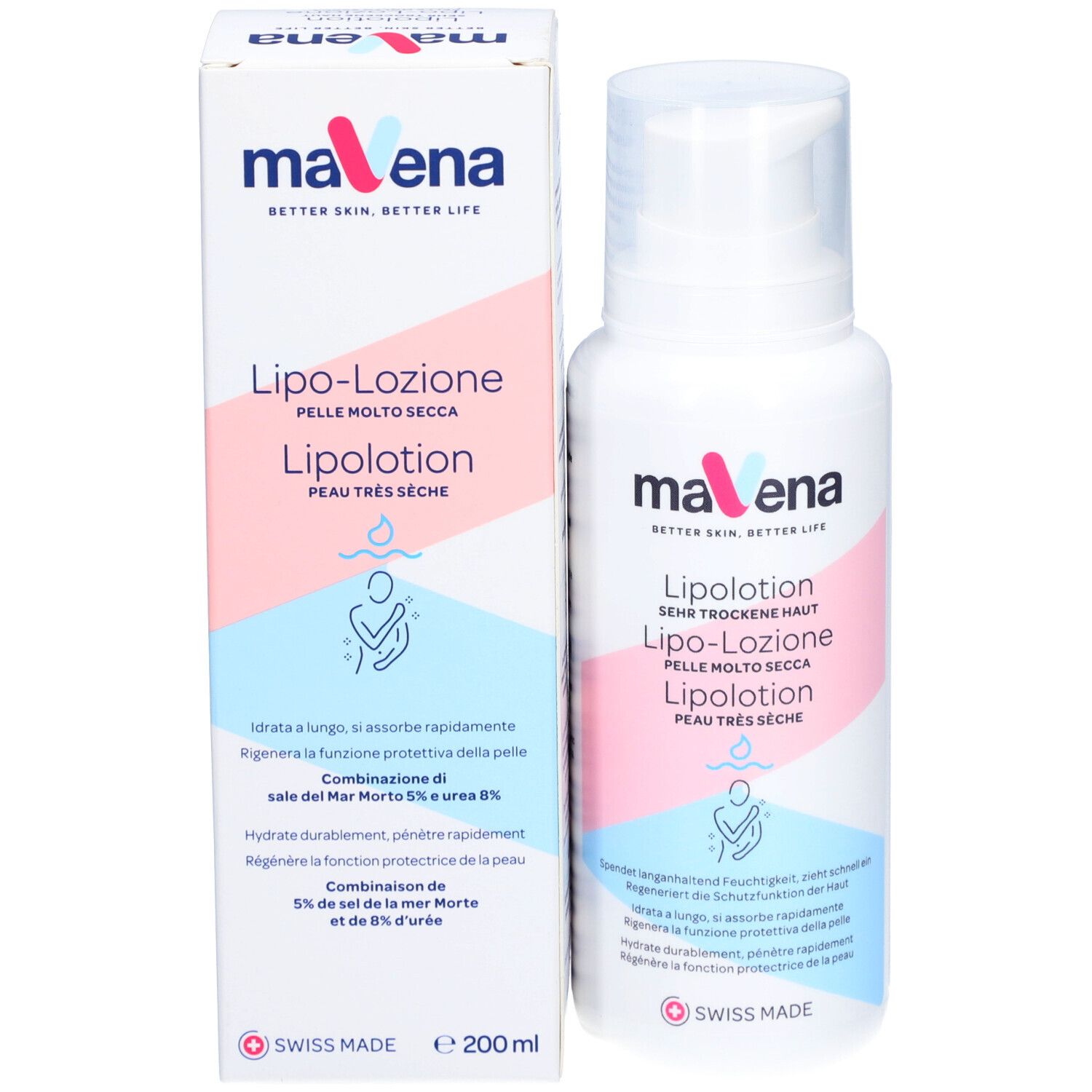 maVena Lipolotion Flasche und Verpackung. Produktname und Text in Deutsch, Italienisch und Französisch. Mit Pumpkopf.