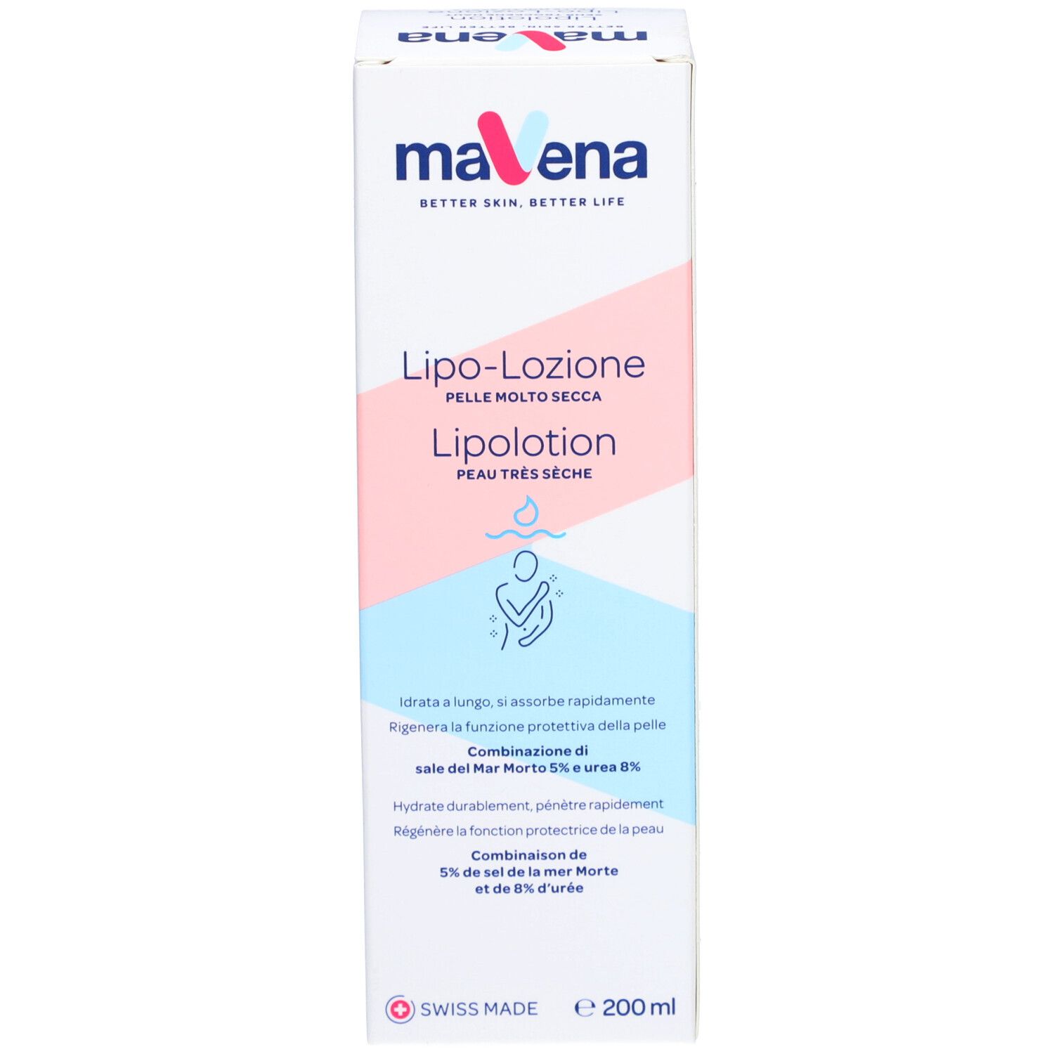 Verpackung von maVena Lipolotion. Produktname und Text in Deutsch, Italienisch und Französisch. Mit Logo.