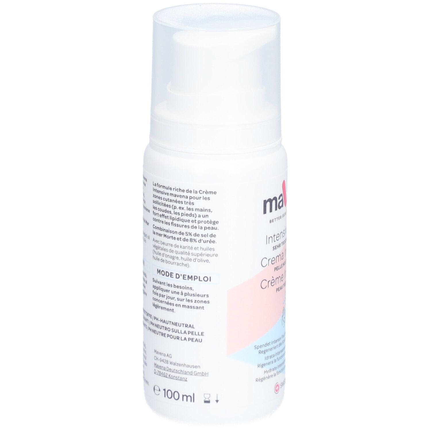 Weiße maVena Intensivcreme-Flasche mit Pumpverschluss. Rückseite mit Text in Deutsch und Französisch. 100 ml.