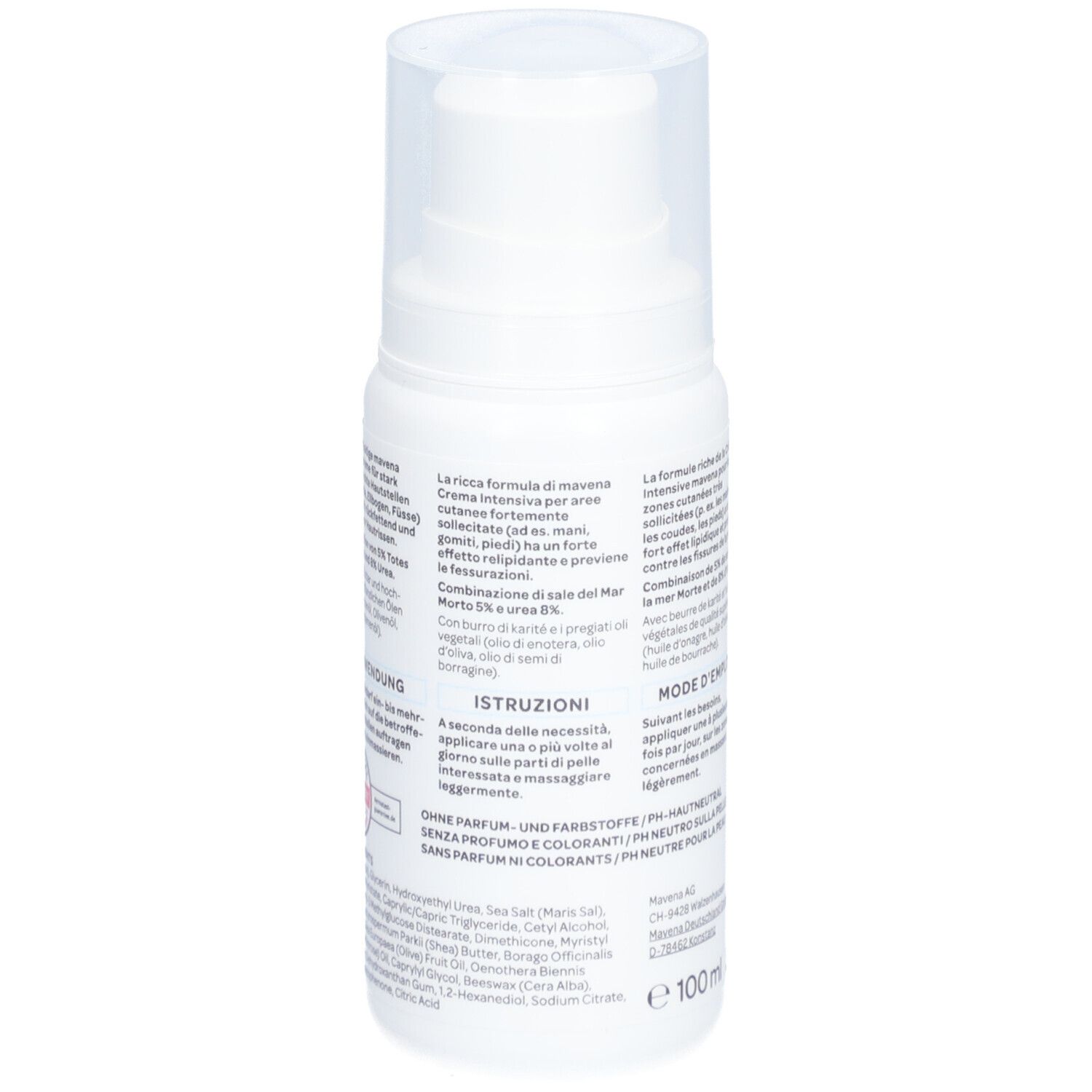 Weiße maVena Intensivcreme-Flasche mit Pumpverschluss. Rückseite mit Text und Inhaltsstoffen. 100 ml.