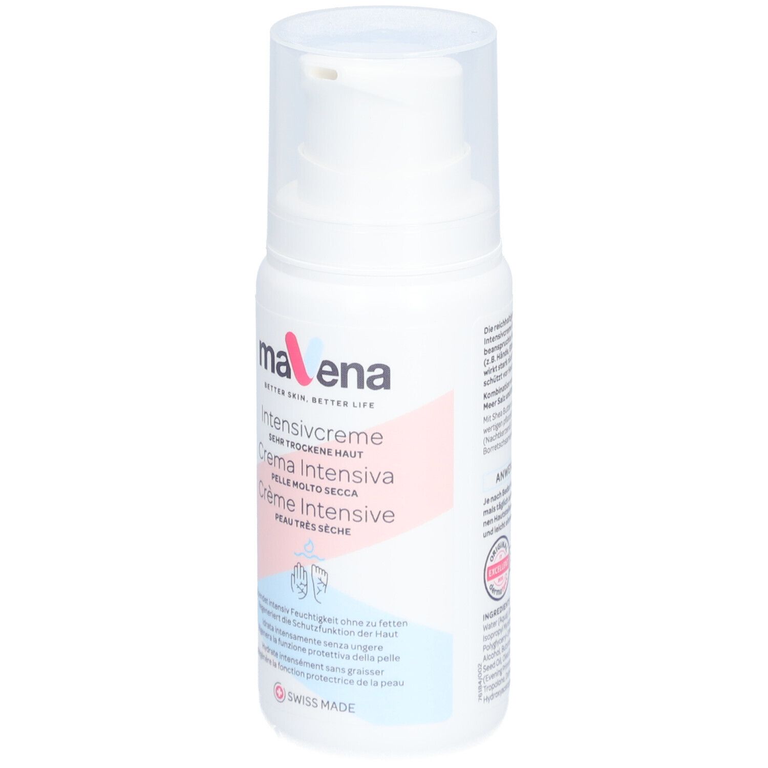Weiße maVena Intensivcreme-Flasche mit Pumpverschluss. Beschriftung in Deutsch, Italienisch und Französisch. Swiss Made.
