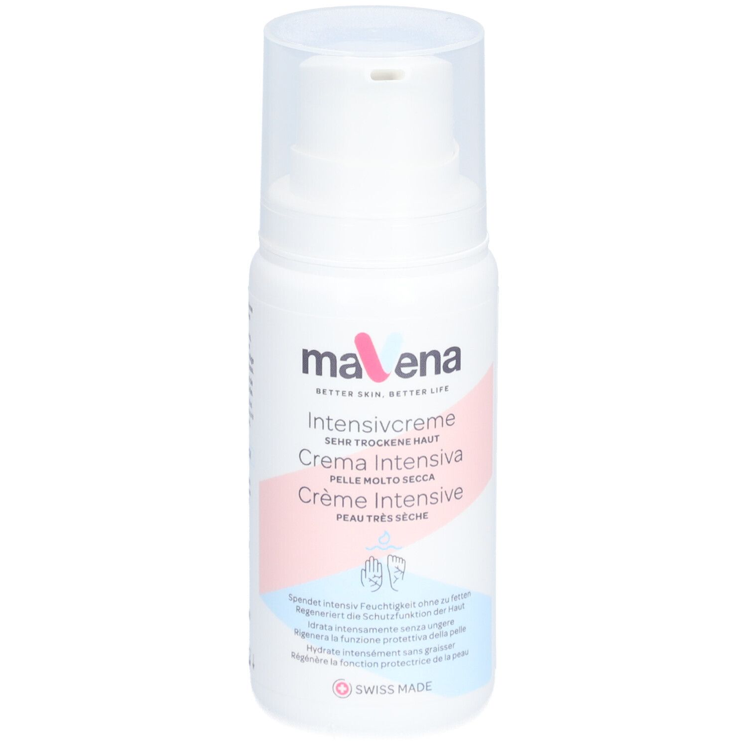 Weiße maVena Intensivcreme-Flasche mit Pumpverschluss. Beschriftung in Deutsch, Italienisch und Französisch. Swiss Made.