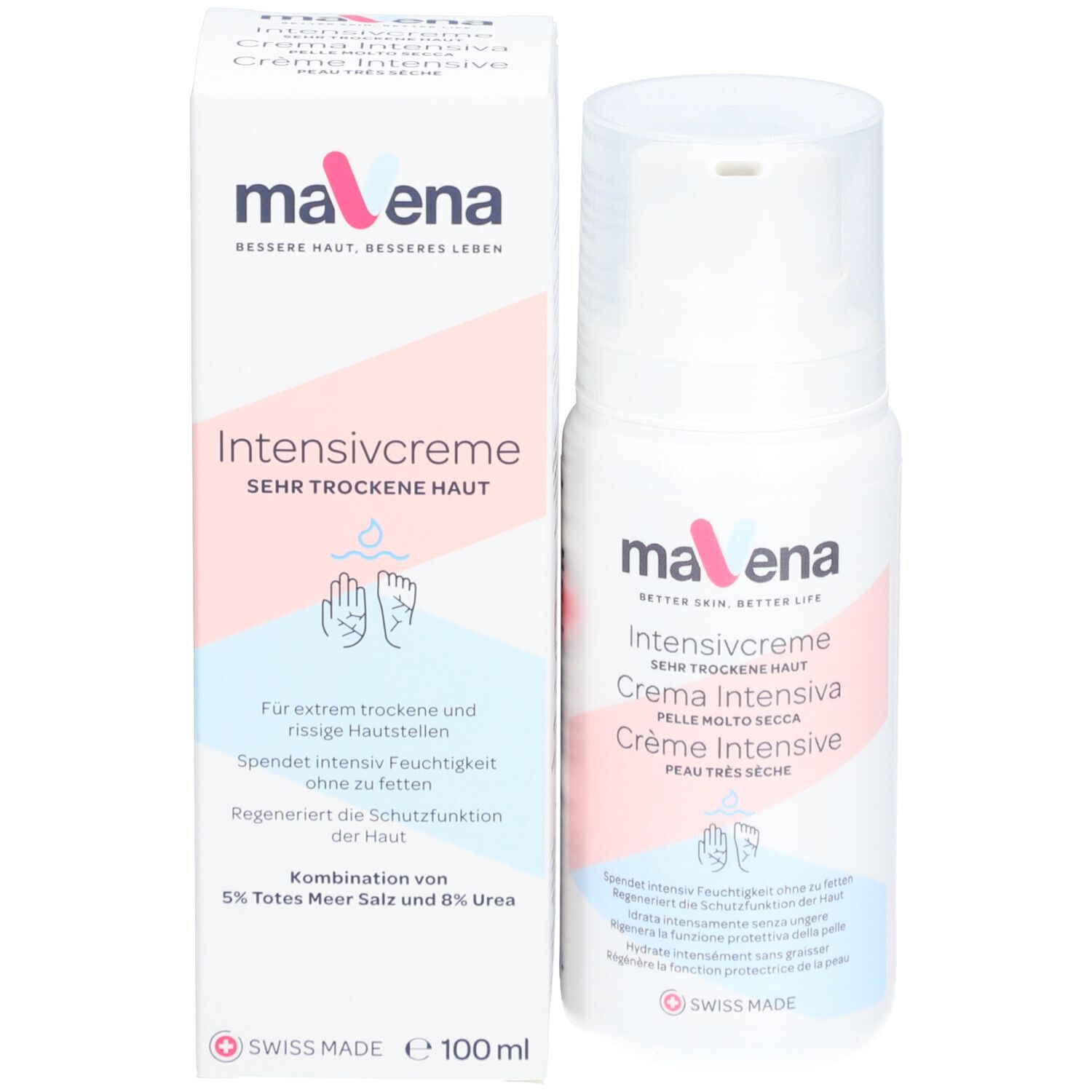 maVena Intensivcreme-Flasche und -Verpackung. Beschriftung in Deutsch, Italienisch und Französisch. 100 ml. Swiss Made.