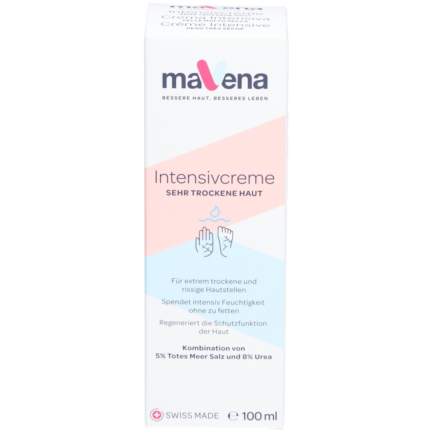Verpackung der maVena Intensivcreme. Beschriftung in Deutsch. 100 ml. Swiss Made.