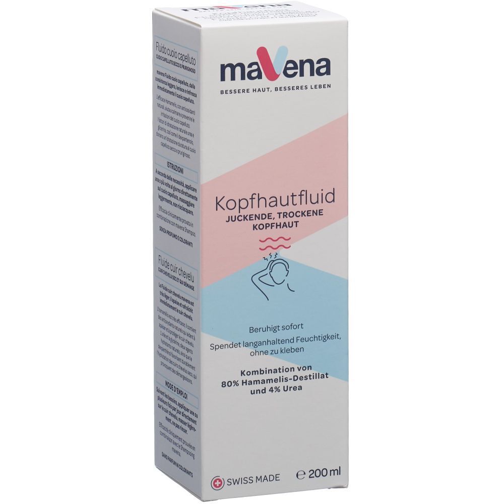 Karton mit Produktbezeichnung und Logo. Rosa und hellblaue Farbflächen. Text: Kopfhautfluid, juckende, trockene Kopfhaut.