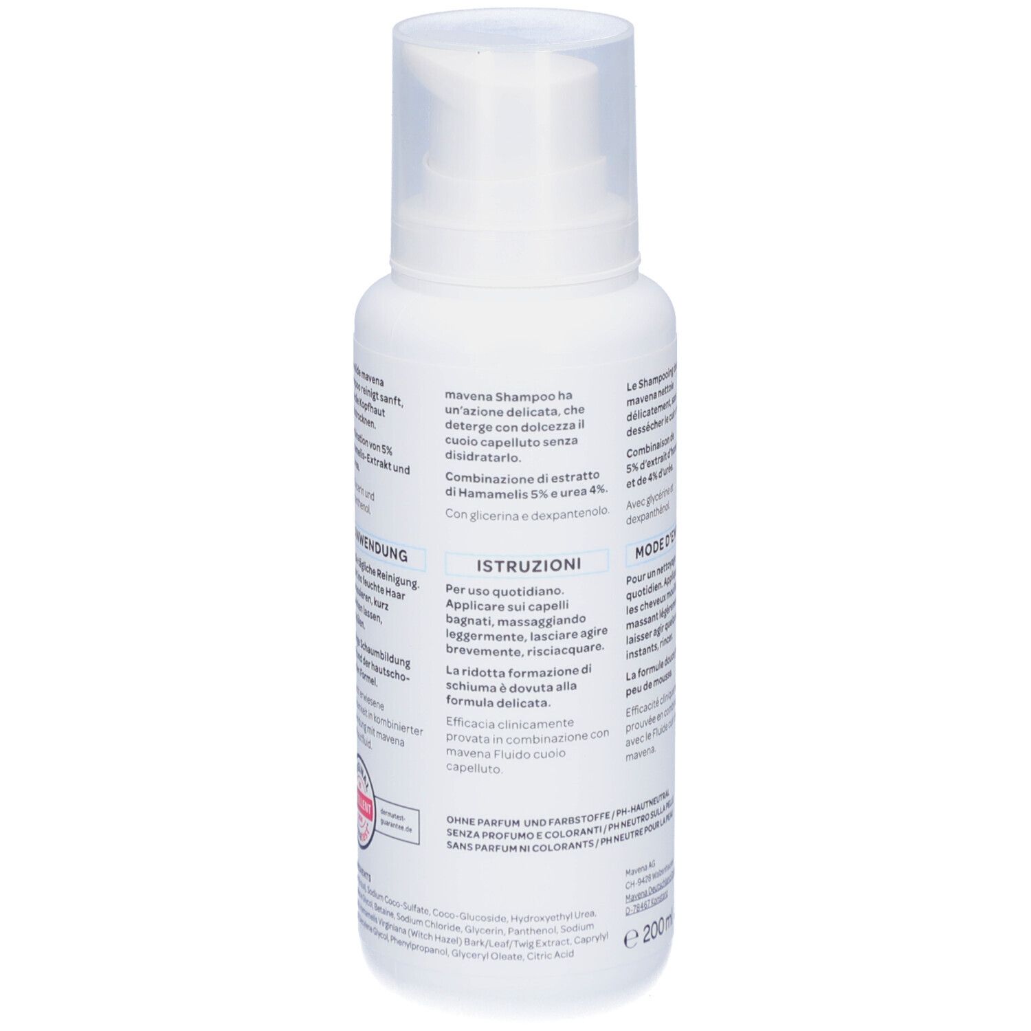 Rückseite der weißen Flasche mit Pumpverschluss. Text in mehreren Sprachen. Enthält Anweisungen und Inhaltsstoffe. Volumen: 200 ml.