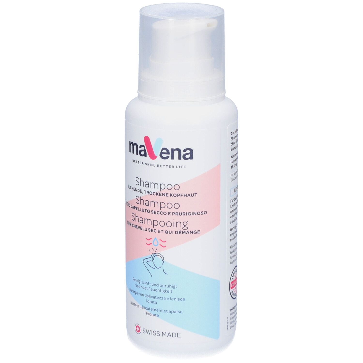 Weiße Flasche mit Pumpverschluss. Aufschrift: Mavena Shampoo. Text in Deutsch, Italienisch, Niederländisch und Französisch. Swiss Made.
