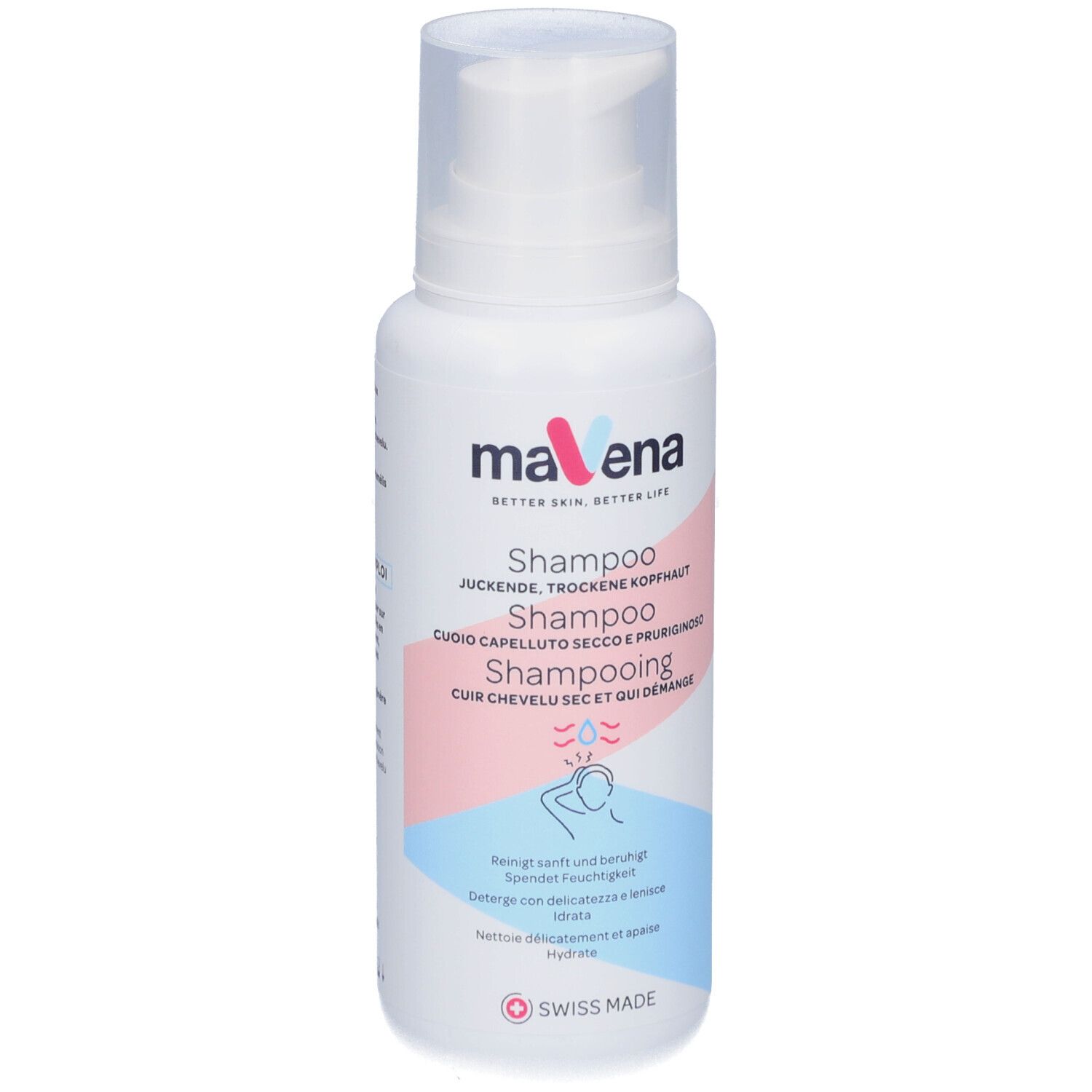 Weiße Flasche mit Pumpverschluss. Aufschrift: Mavena Shampoo. Text in Deutsch, Italienisch, Niederländisch und Französisch. Swiss Made.