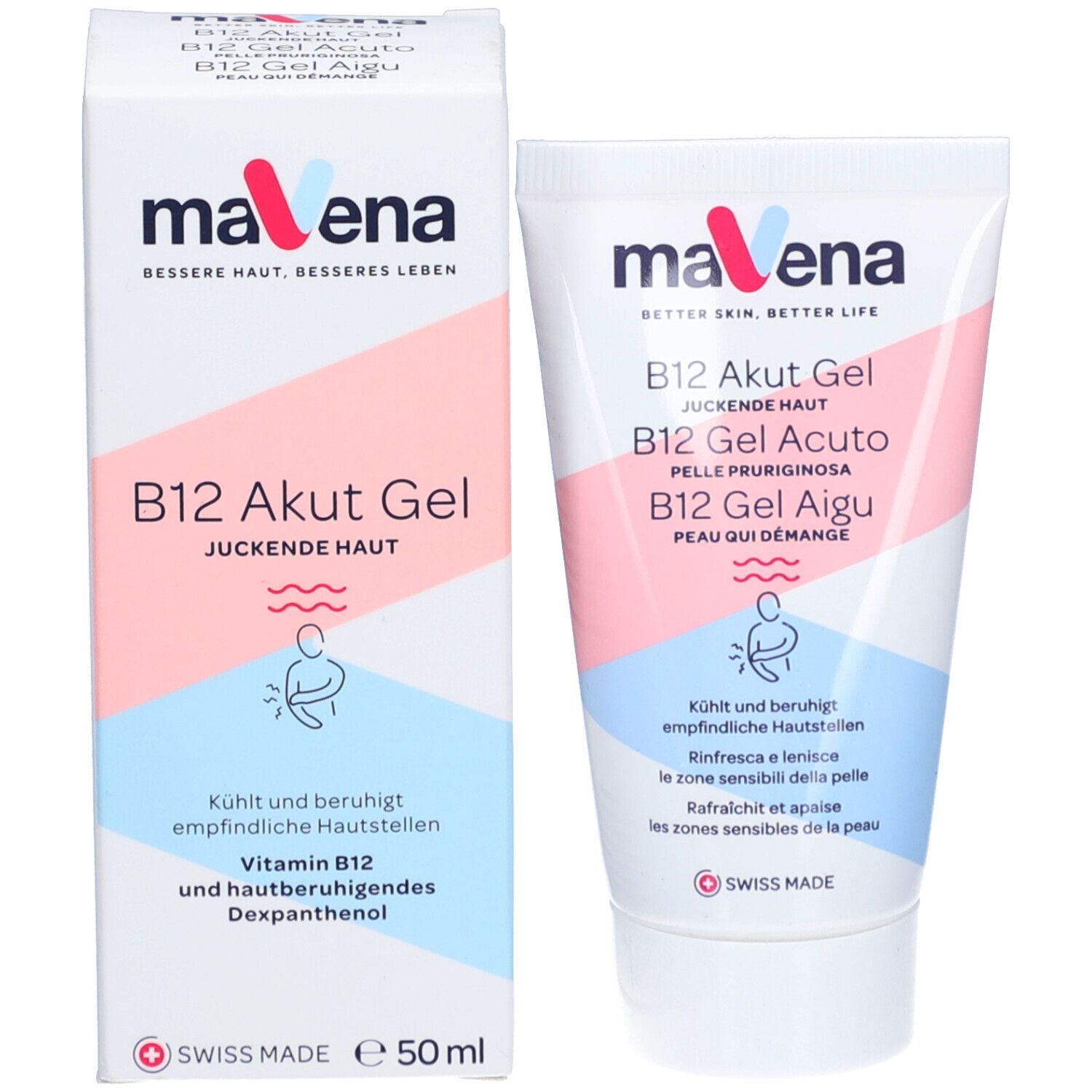 Mavena B12 Gel und Verpackung. Weißer Karton und Tube. Produktnamen und Logo.