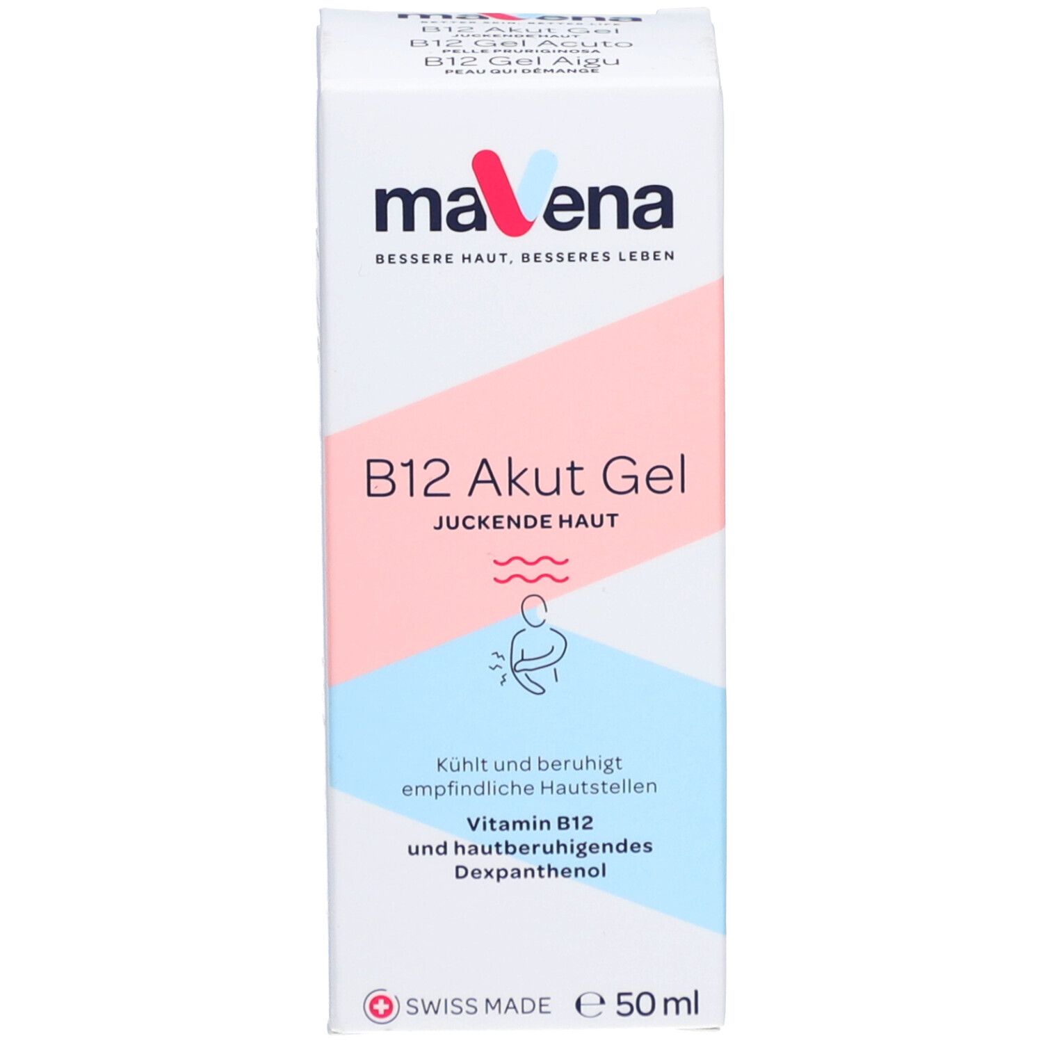 Weiße Verpackung von Mavena B12 Gel. Rosa und blaue Streifen. Produktnamen.