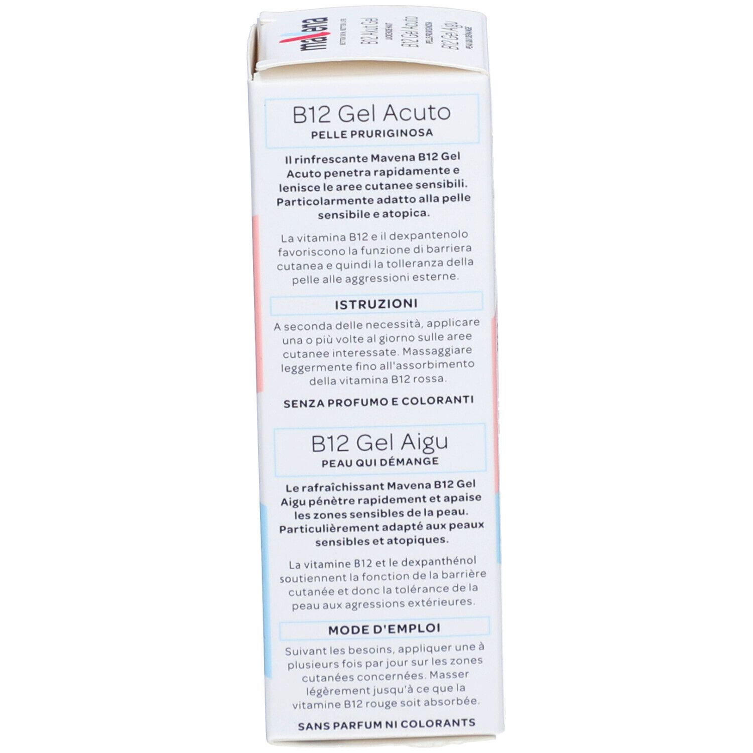Rückseite der Verpackung. Text in Deutsch, Italienisch und Französisch. Produktinformationen.