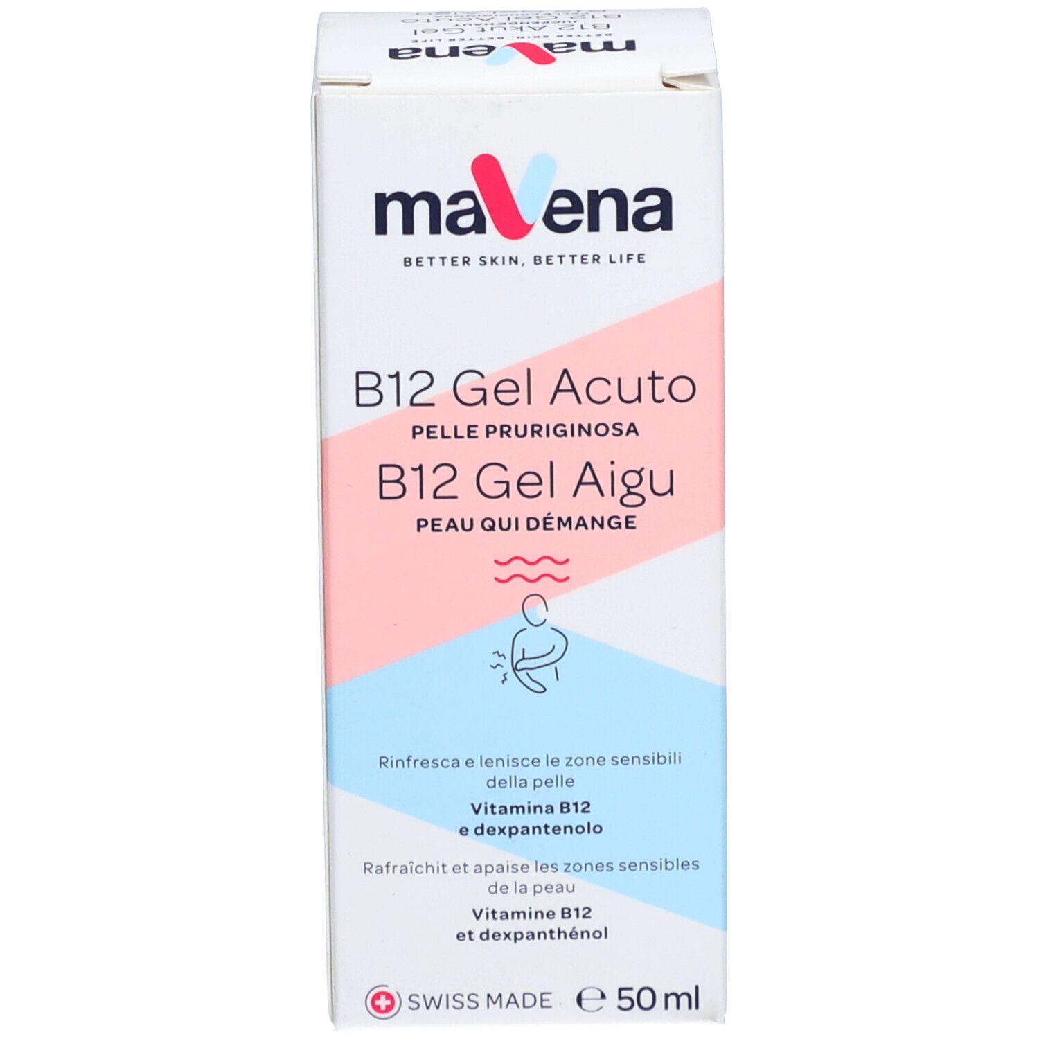 Verpackung von Mavena B12 Gel. Rosa und blaue Streifen. Produktnamen und Logo.
