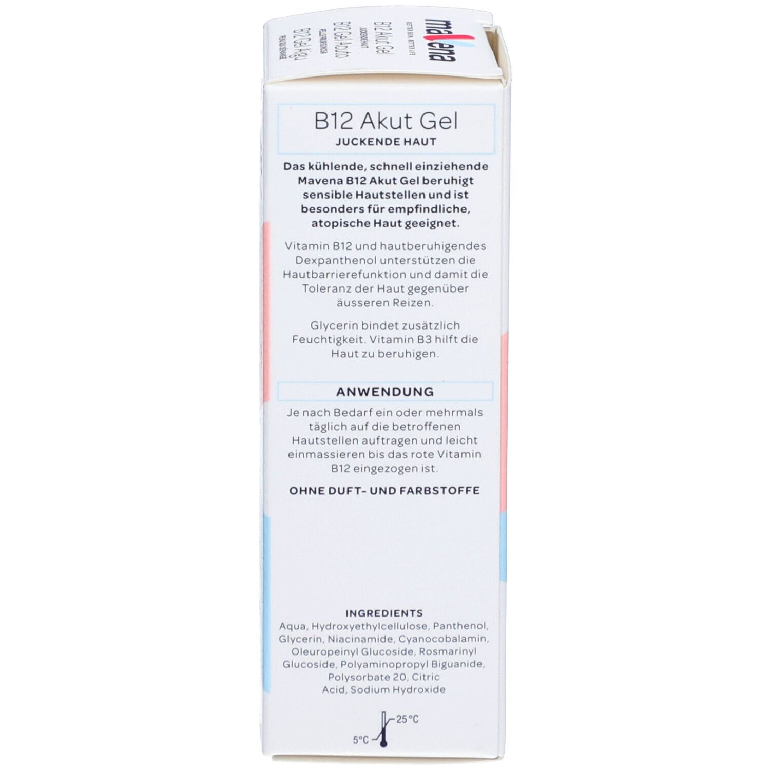 Rückseite der Verpackung. Text in Deutsch. Inhaltsstoffe und Anwendungshinweise.