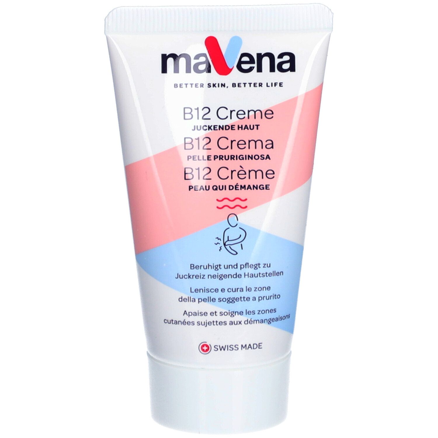 Tube de crème MAVENA® B12. Blanc, design rose et bleu. Texte: B12 Crème, peau qui démange. Croix suisse.