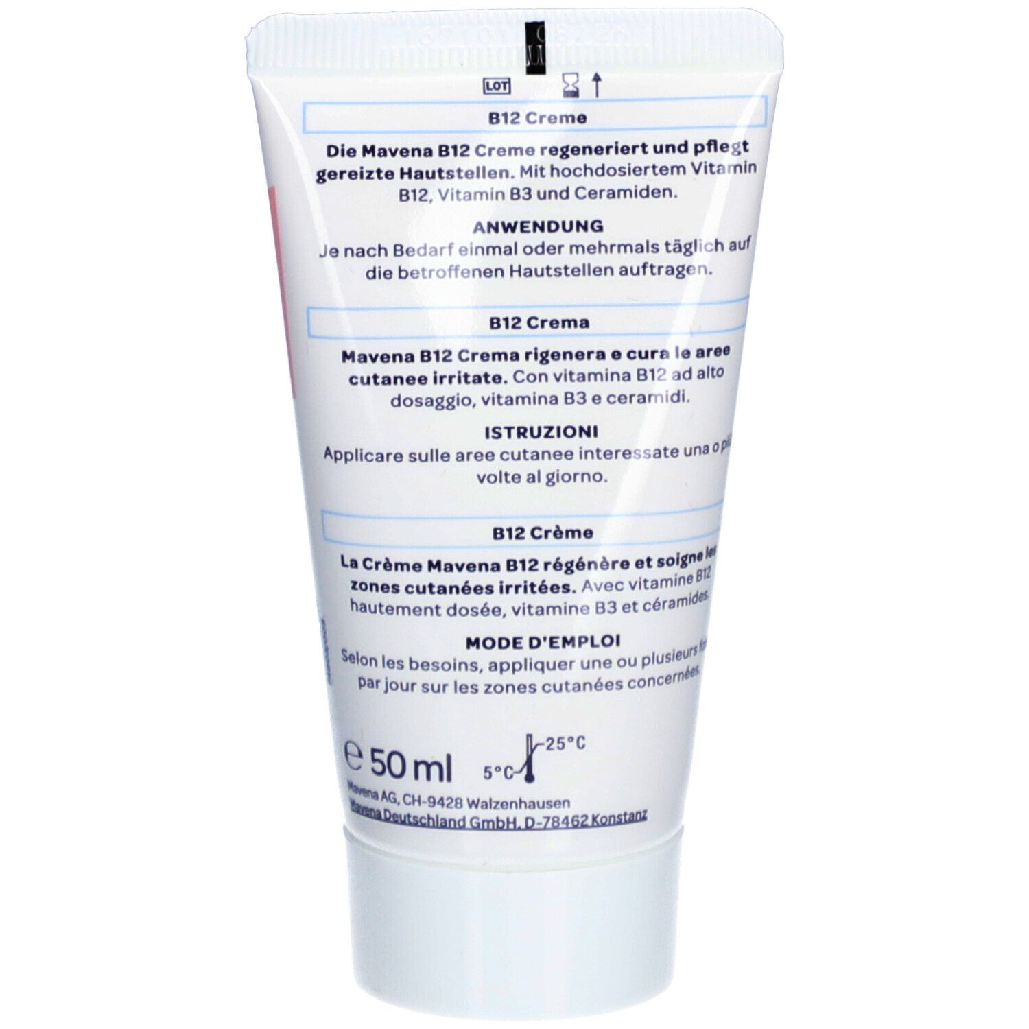 Dos du tube MAVENA® B12 Crème. Texte: Mode d'emploi, ingrédients, 50 ml, indications de température. Croix suisse.