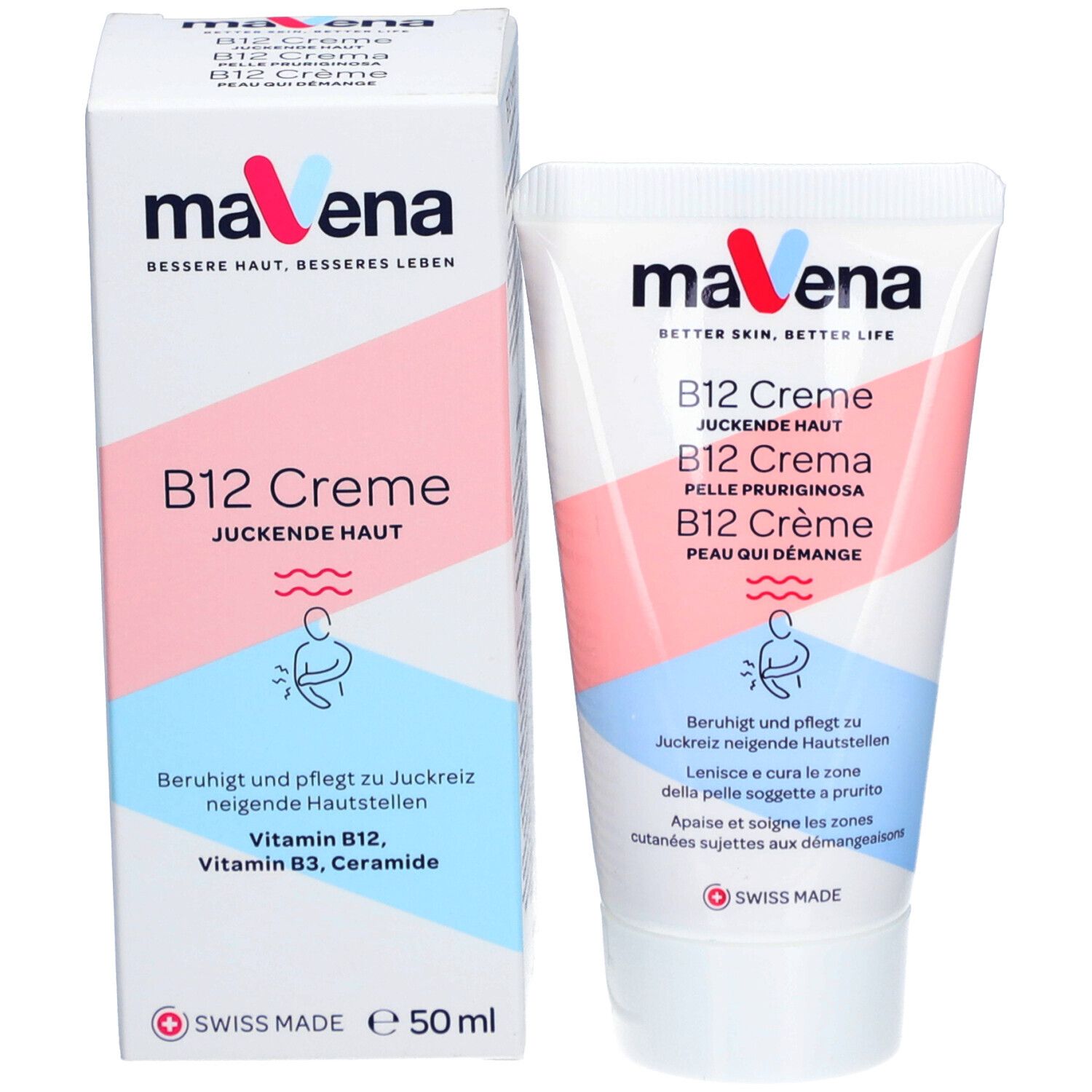 MAVENA® B12 Crème, tube et boîte. Design blanc, rose et bleu. Texte: B12 Crème, peau qui démange. 50 ml.