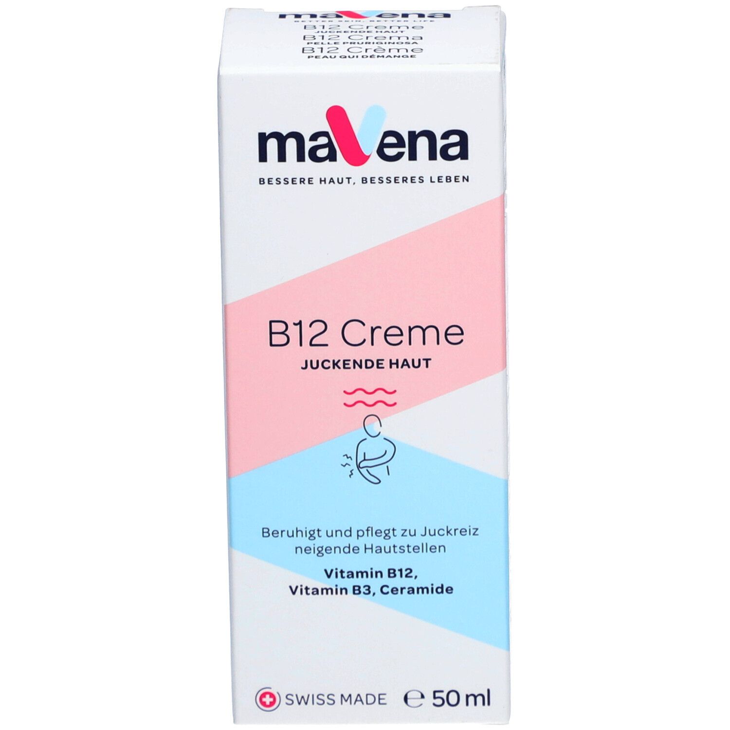 Boîte MAVENA® B12 Crème. Design blanc, rose et bleu. Texte: B12 Crème, peau qui démange. 50 ml. Croix suisse.