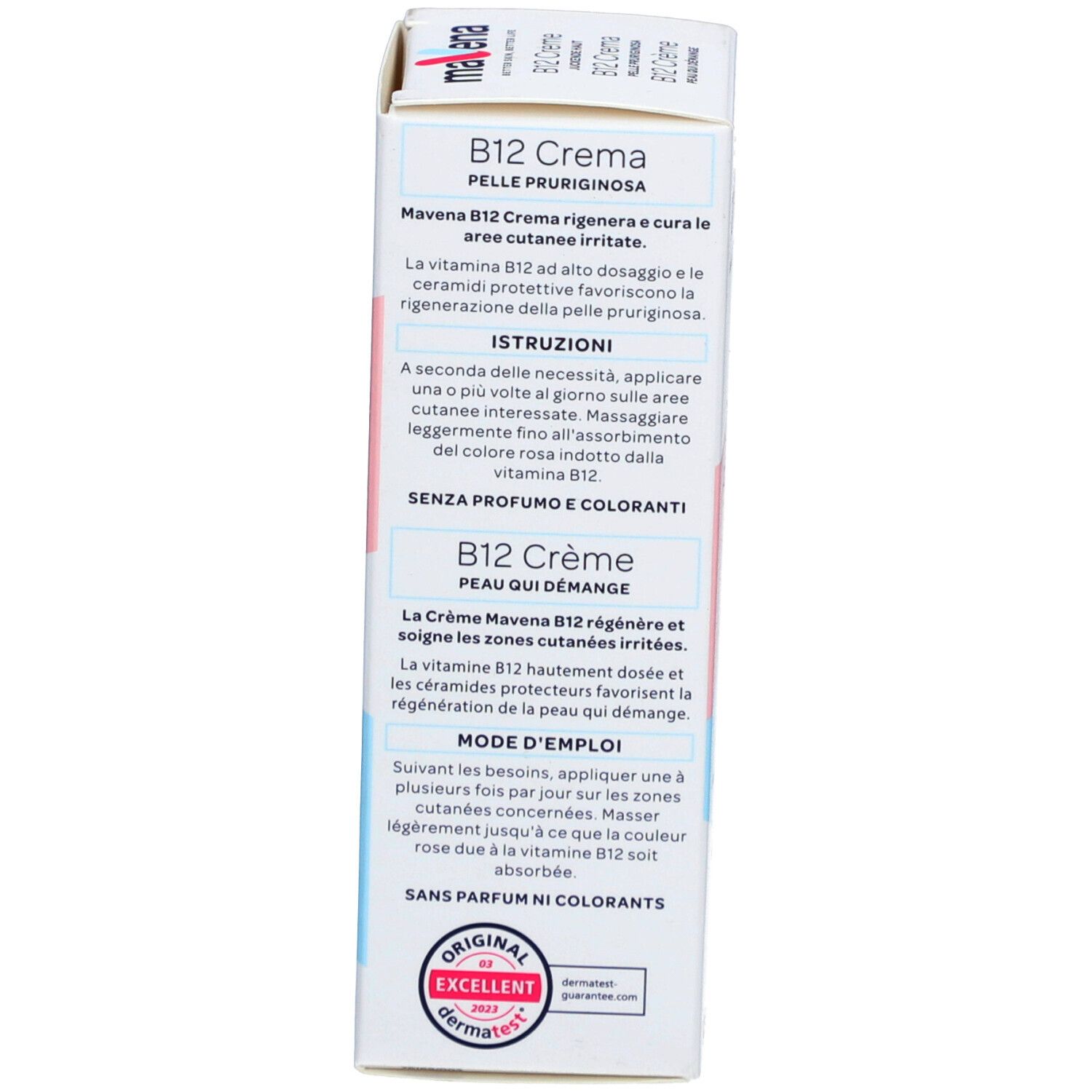Dos de la boîte MAVENA® B12 Crème. Texte: Mode d'emploi, ingrédients, sans parfum ni colorants. Certification.