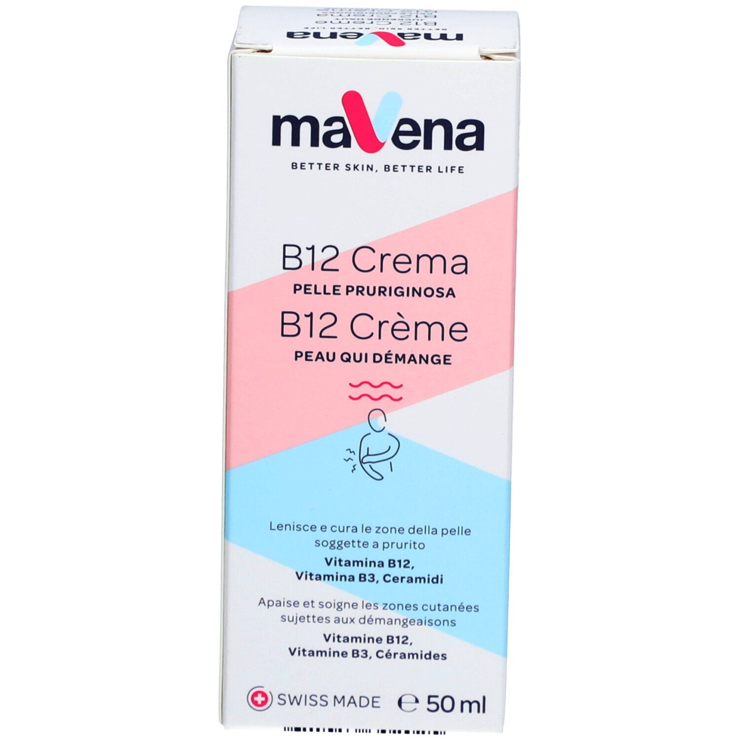 Boîte MAVENA® B12 Crème. Design blanc, rose et bleu. Texte: B12 Crème, peau qui démange. 50 ml. Croix suisse.