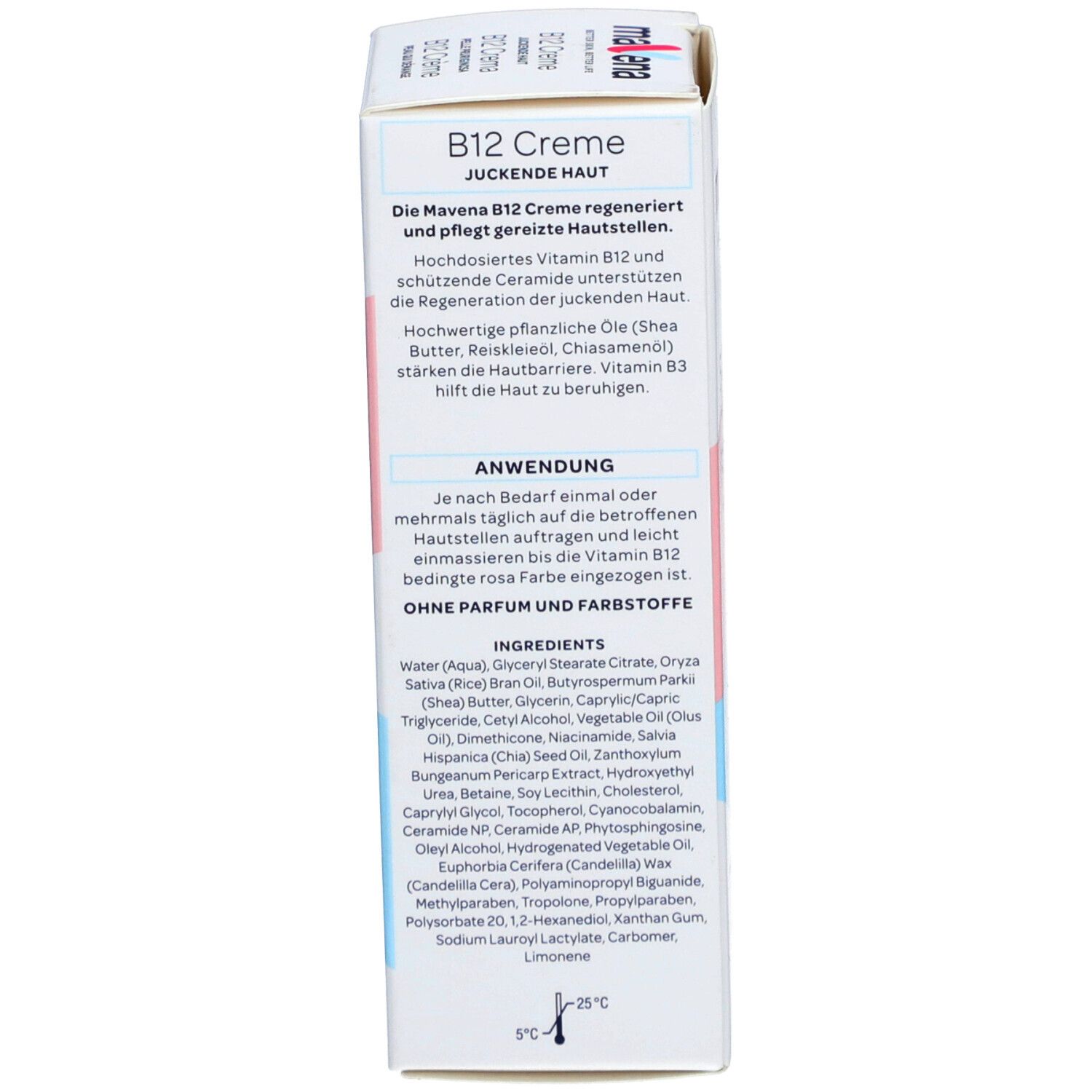 Dos de la boîte MAVENA® B12 Crème. Texte: Mode d'emploi, ingrédients, sans parfum ni colorants. Température.