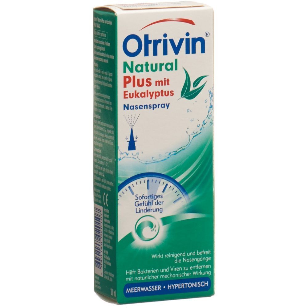 Otrvivin Natural Plus Nasenspray mit Eukalyptus. Weiße Schachtel mit grünen Akzenten. Produktabbildung und Text.
