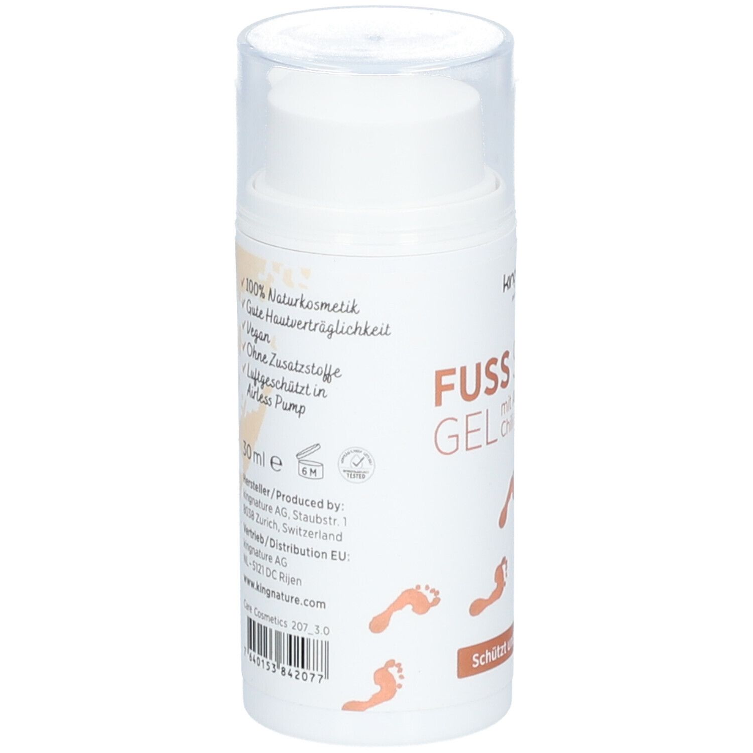 Weißer Zylinder mit transparentem Deckel. Aufschrift: FUSS SCHUTZ GEL, kingnature. Zusätzliche Informationen und Logos.