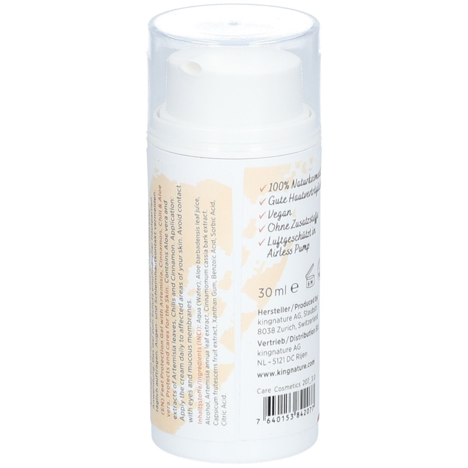 Weißer Zylinder mit transparentem Deckel. Aufschrift: 30 ml, kingnature. Zusätzliche Informationen und Logos.