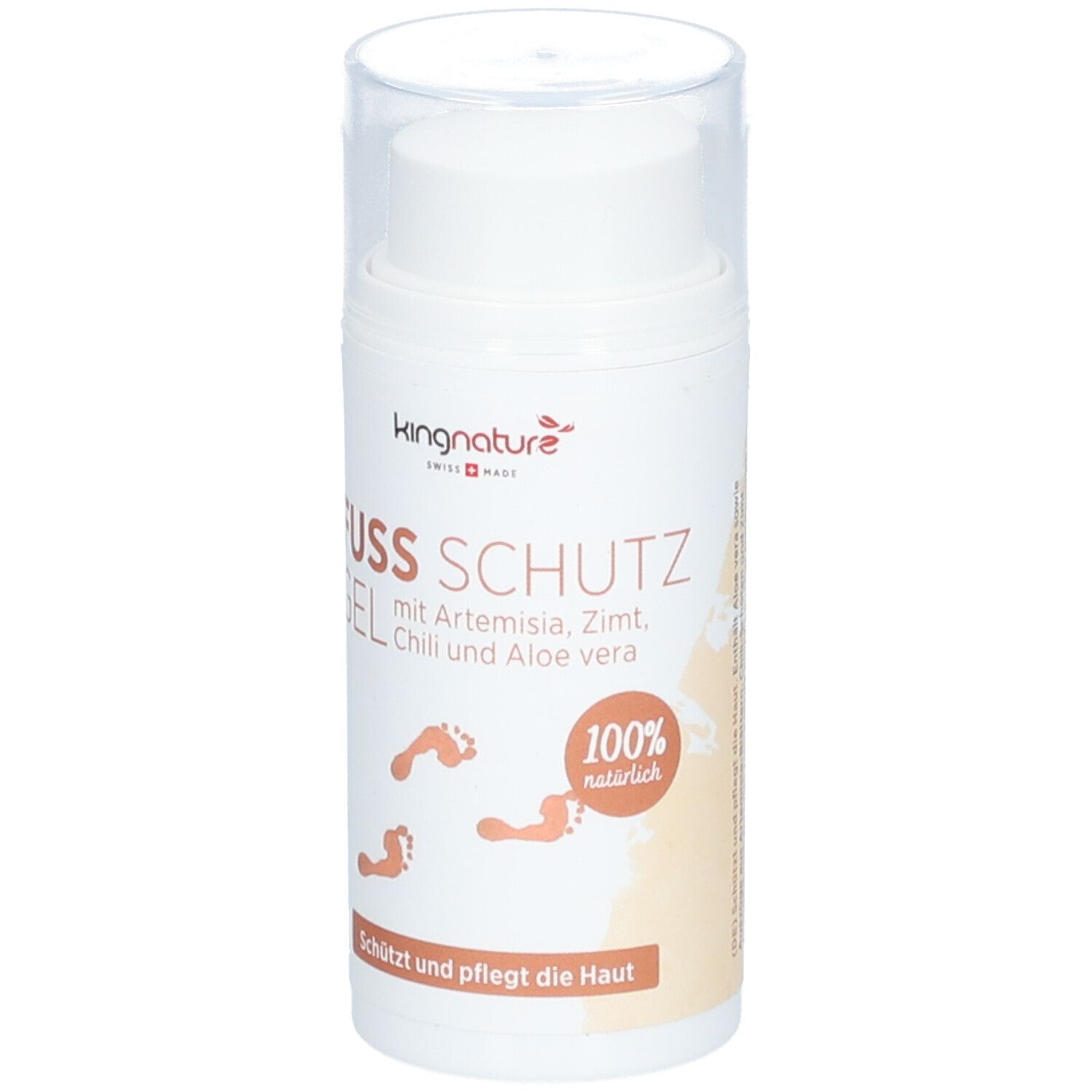 Weißer Zylinder mit transparentem Deckel. Aufschrift: FUSS SCHUTZ GEL, kingnature, 100% natürlich. Fußabdrücke.