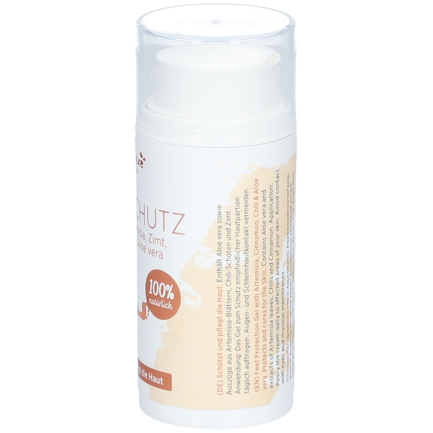 Weißer Zylinder mit transparentem Deckel. Aufschrift: FUSS SCHUTZ GEL, kingnature, 100% natürlich. Text in Englisch.