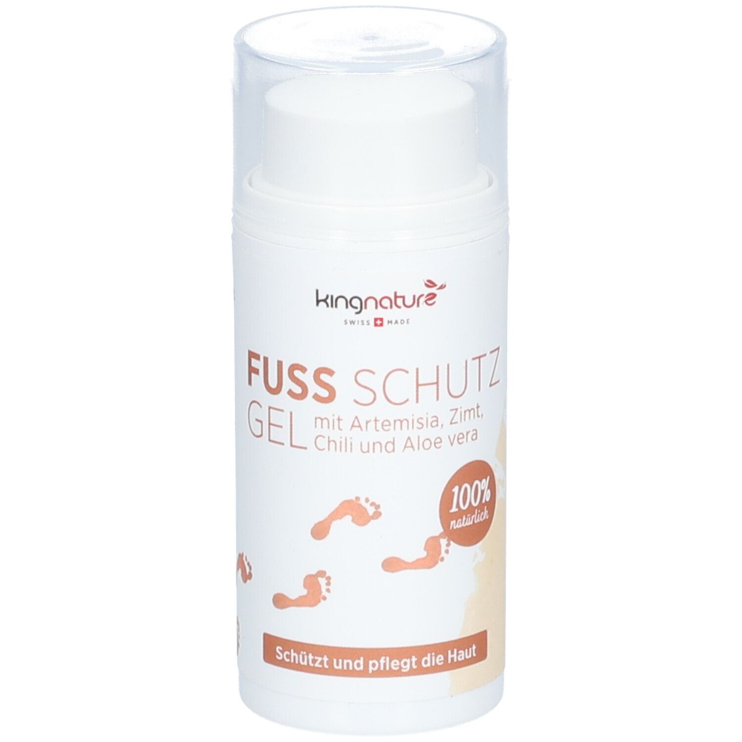 Weißer Zylinder mit transparentem Deckel. Aufschrift: FUSS SCHUTZ GEL, kingnature, 100% natürlich. Fußabdrücke.