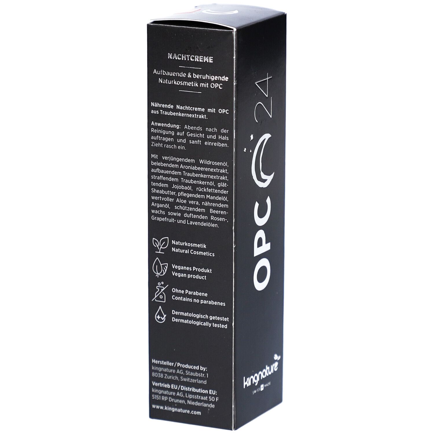 Schwarze Verpackung mit Text. Enthält Inhaltsstoffe und Anwendungsbereich. Unten: 50 ml, 1.69 fl.oz. Marke: kingnature. Hergestellt in der Schweiz.