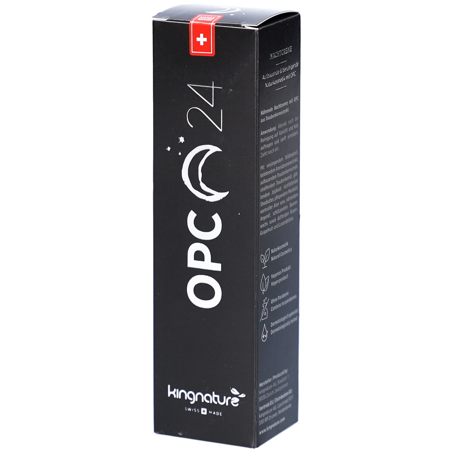 Schwarze Verpackung mit weißem "OPC 24"-Schriftzug, Mond- und Sternsymbol. Marke: kingnature. Schweizer Kreuz oben.